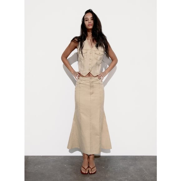 NWT Zara Woman WASHED EFFECT LONG SKIRT TAUPE BROWN Size M Medium