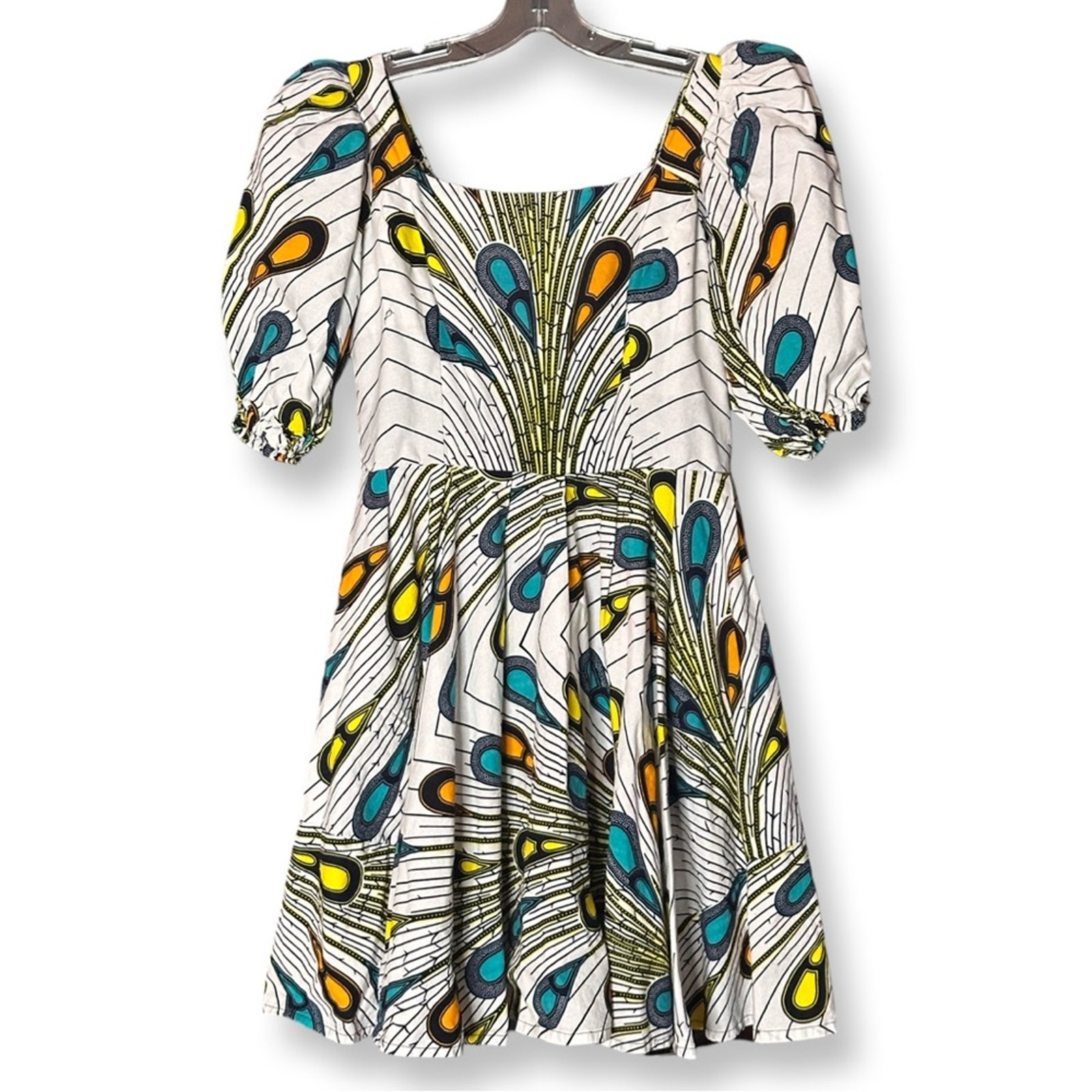 Square Neck Puff Sleeve African Ankara Peacock Print Short Dress