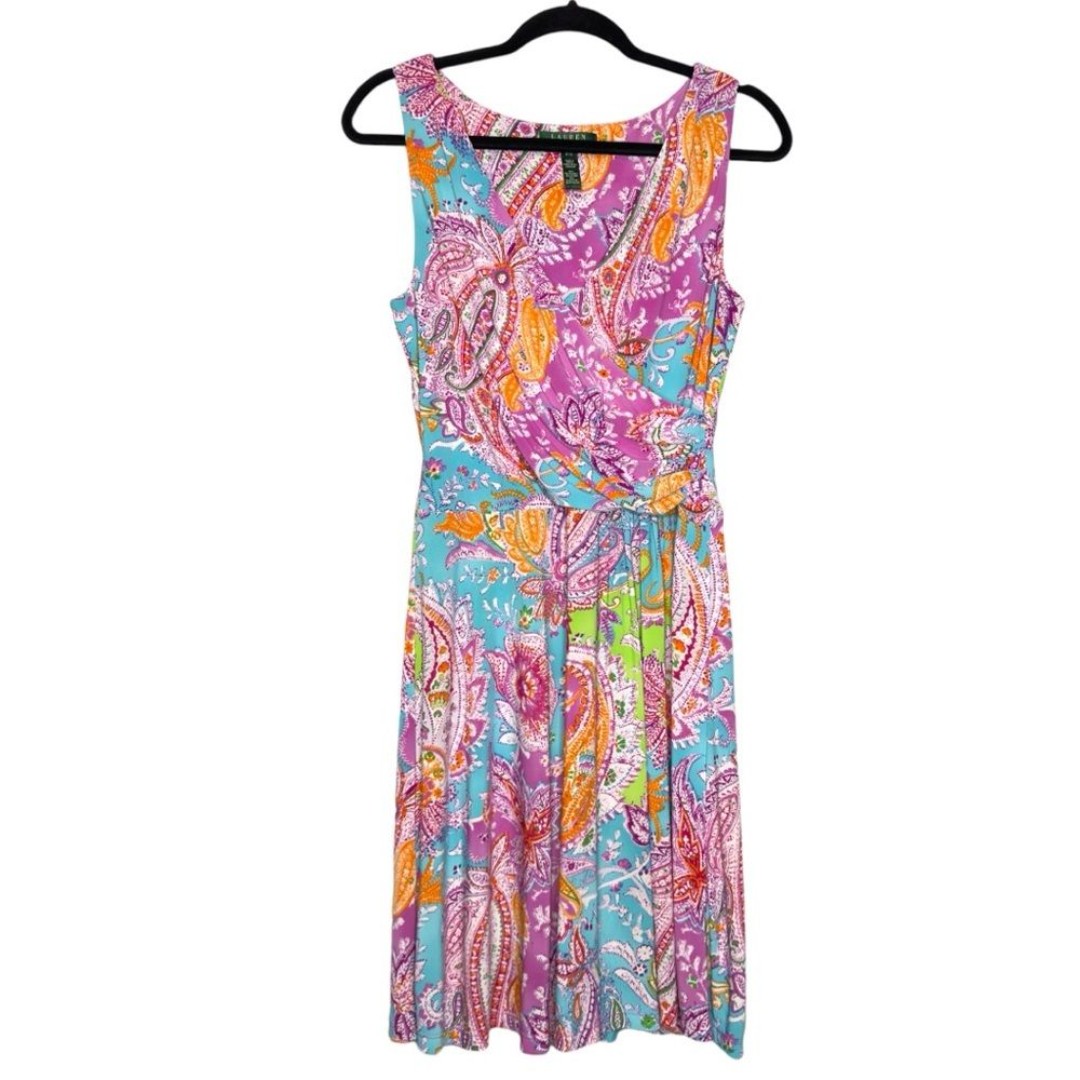 Lauren Ralph Lauren Multicolored Paisley Faux Wrap Sleeveless Dress Petite Small