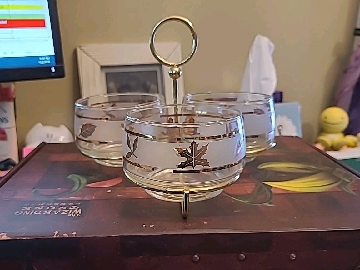 VINTAGE MCM Libbey Gold Leaf Appetizer/Cond iment Serving Caddy Set With 3 Bowls