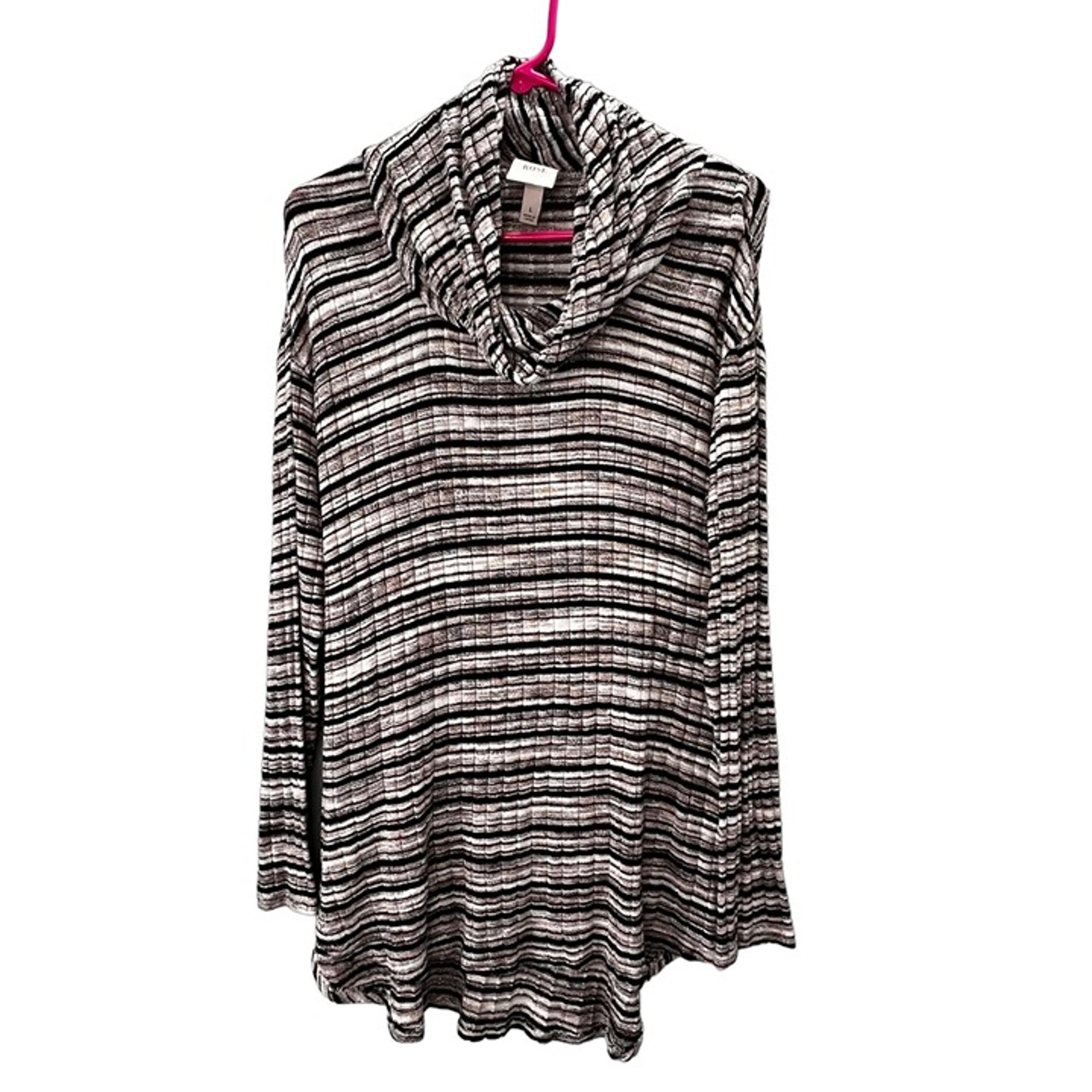 Knox Rose Tunic Sweater size L Black Stripe Cowl Neck Loose Lightweight Knit