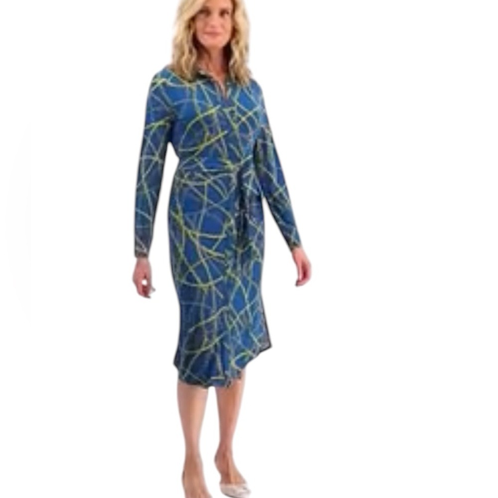 INC International Concepts Womens Print Shirtdress Gold Silver Chains Modest S