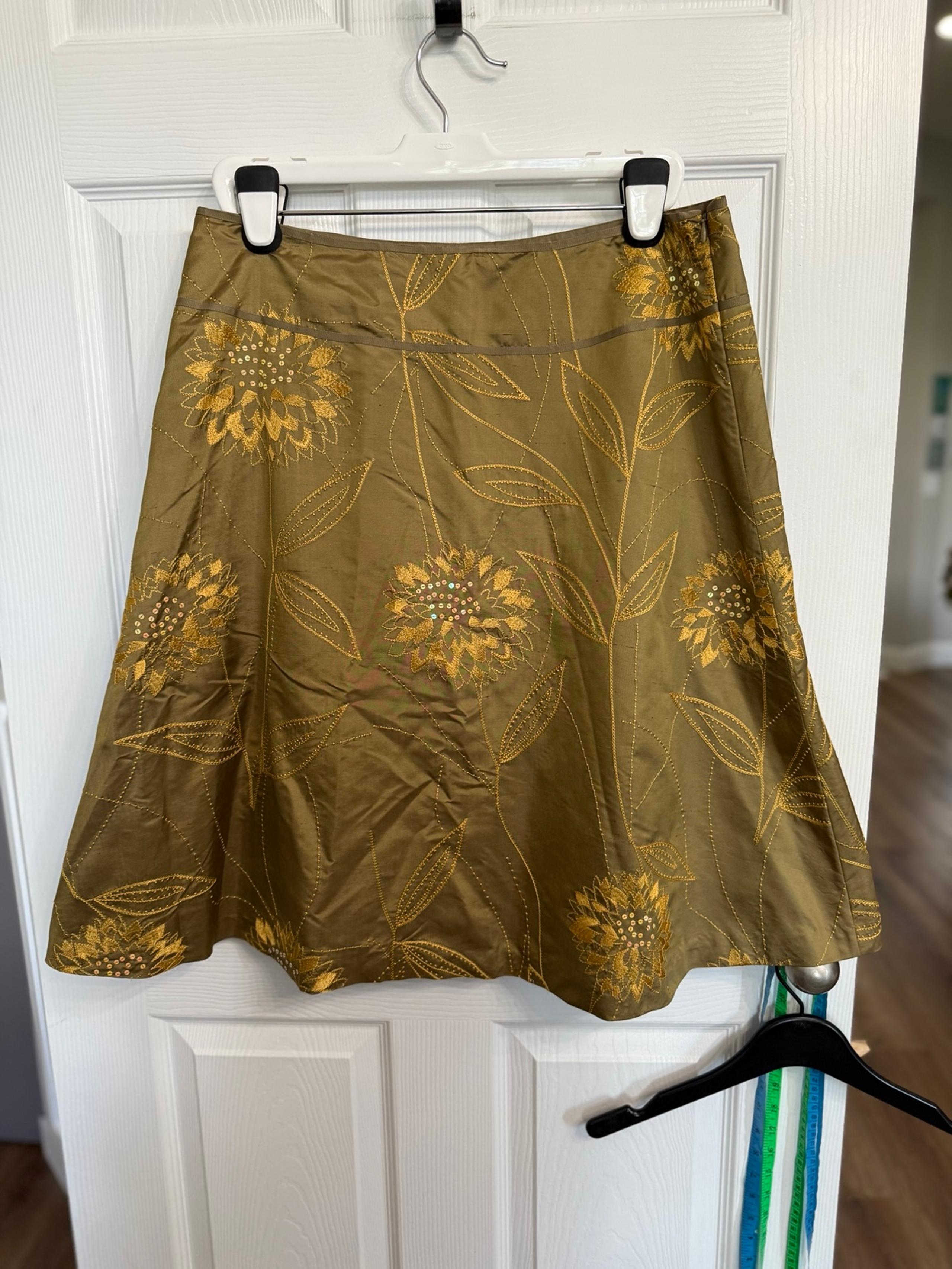 Liz Claiborne 100% Silk Skirt Midi Flare A Line 14 Floral Sequin Gold Olive