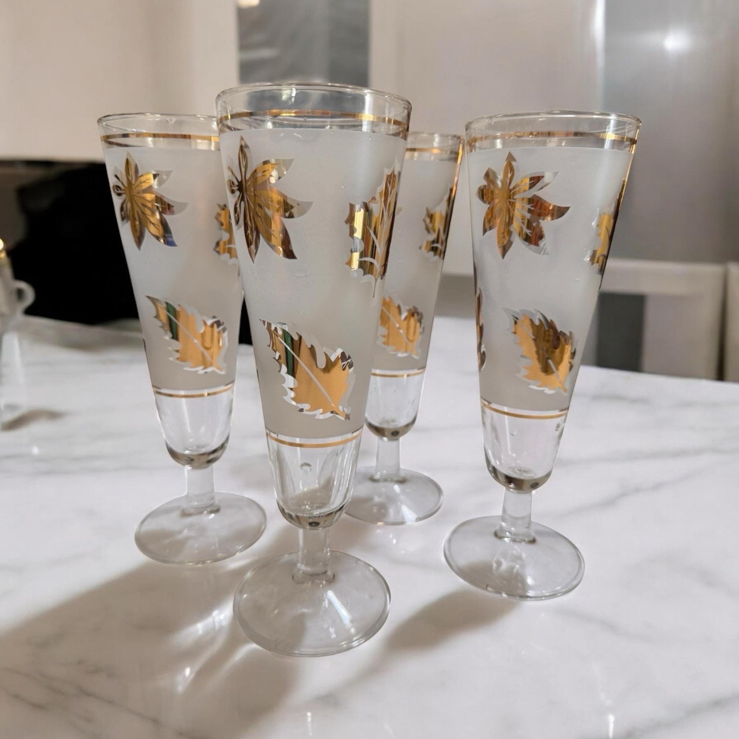 Libbey Frosted GOLD LEAF FOLIAGE Pilsner Stemmed Footed Glasses MCM Set Of 4