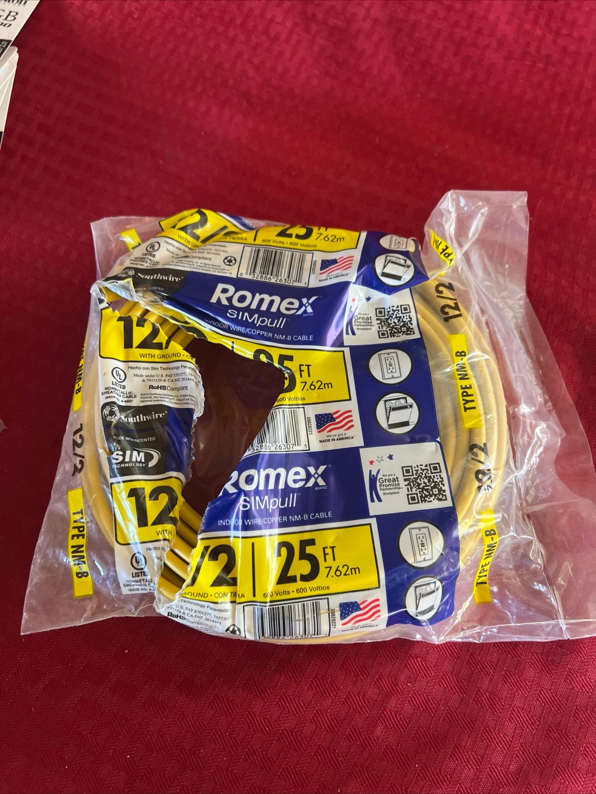 Southwire Romex Simpull 25ft 12/2 Indoor Wire Copper NM-B Cable - New