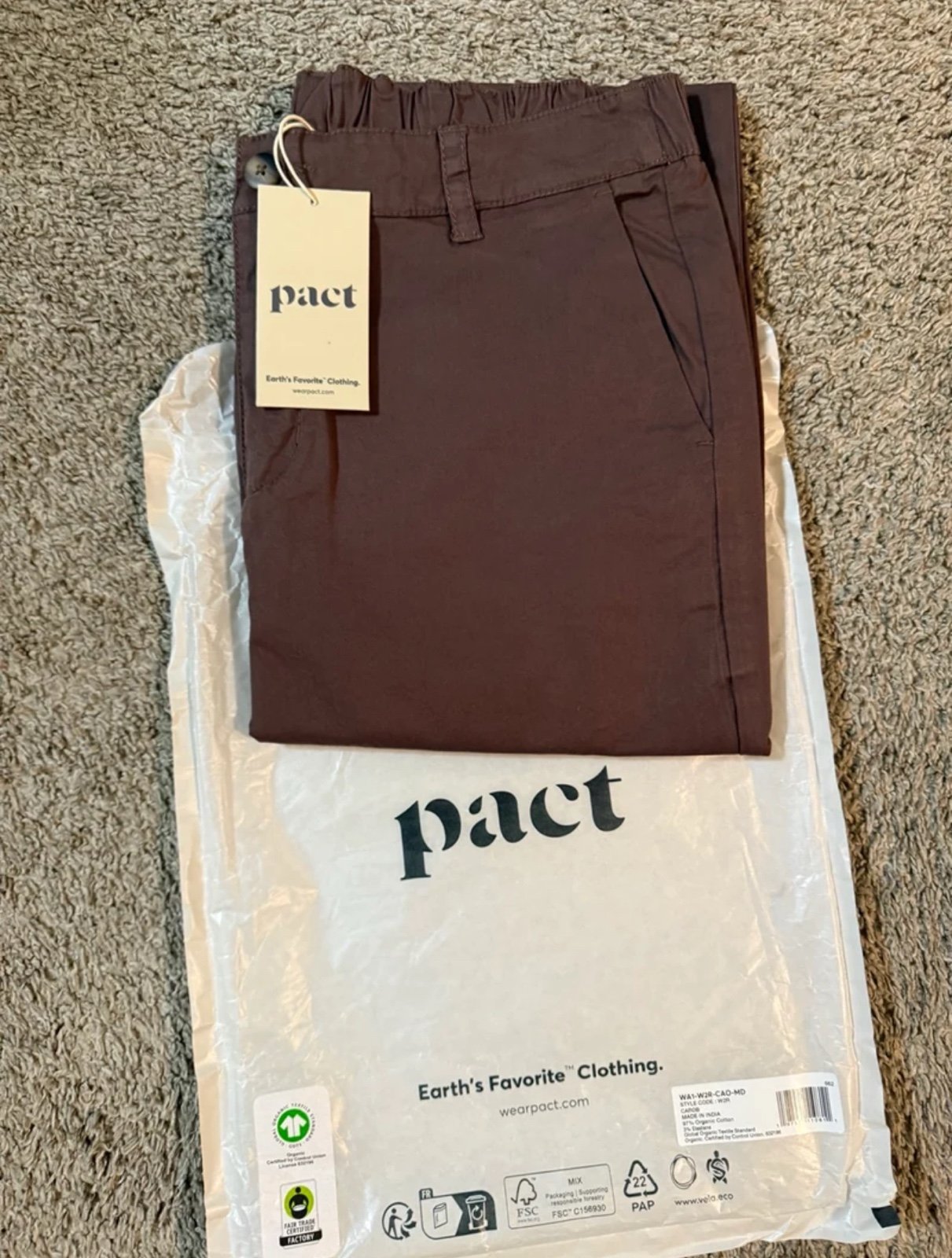 NWT Pact Organic Casual Cropped Pants Brown Sz M