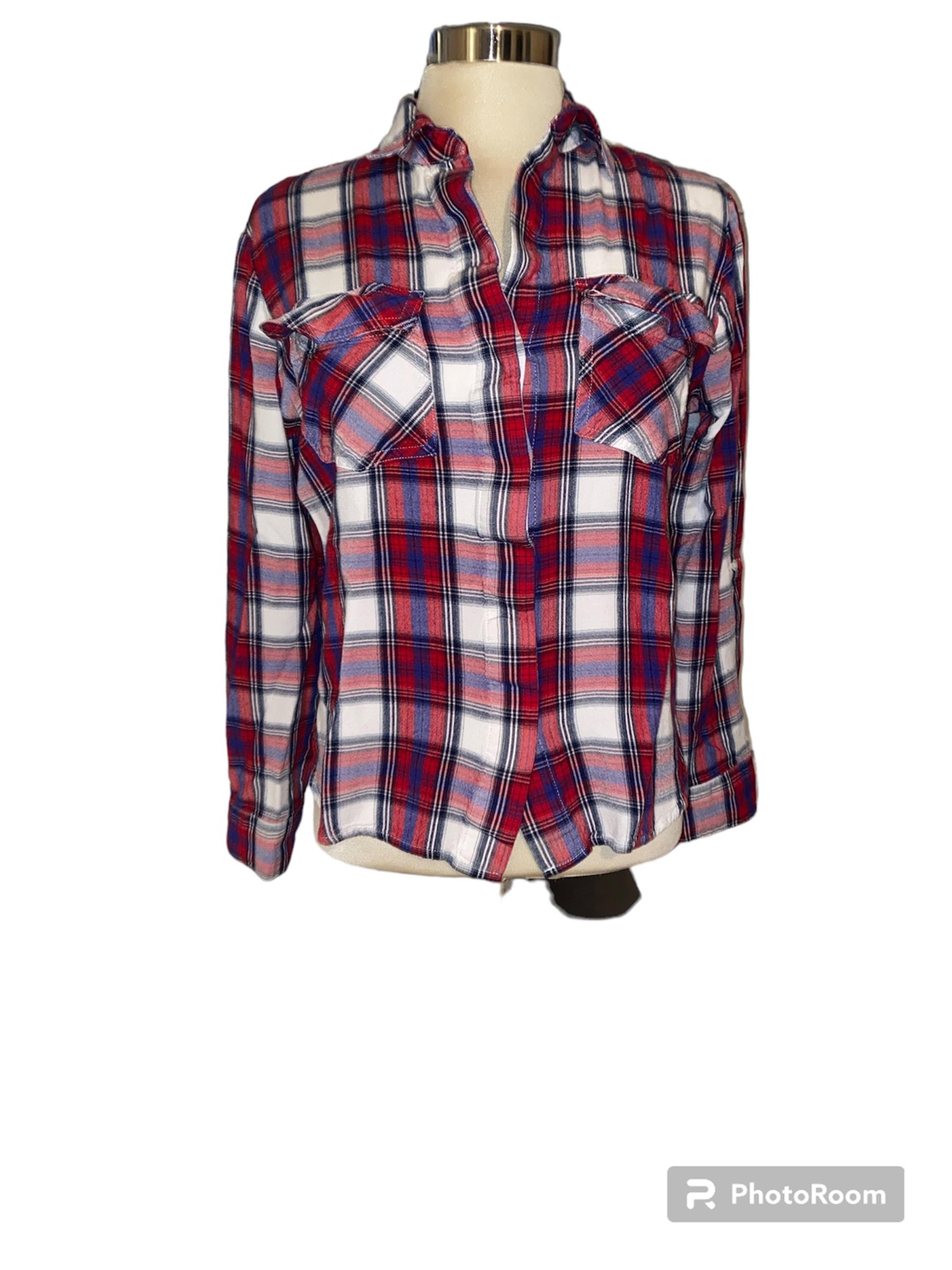 Sam Edelman button down shirt plaid print front chest pockets long sleeve Sz Sm