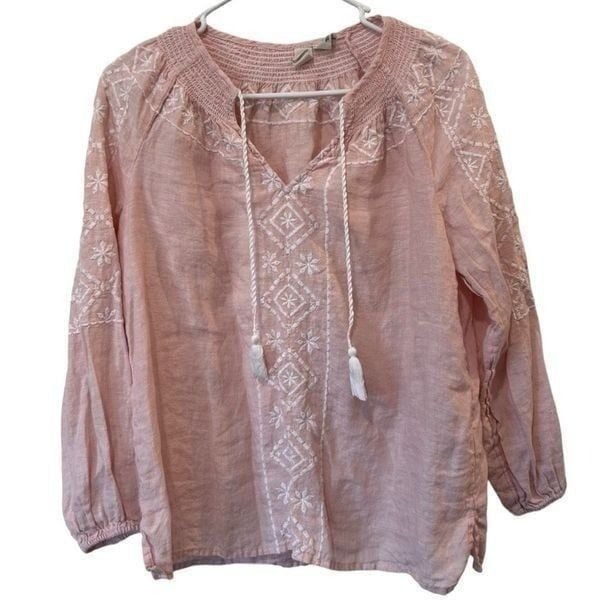 Joie Linen Floral Embroidered Drawstring Peasant Blouse Pink Size Small