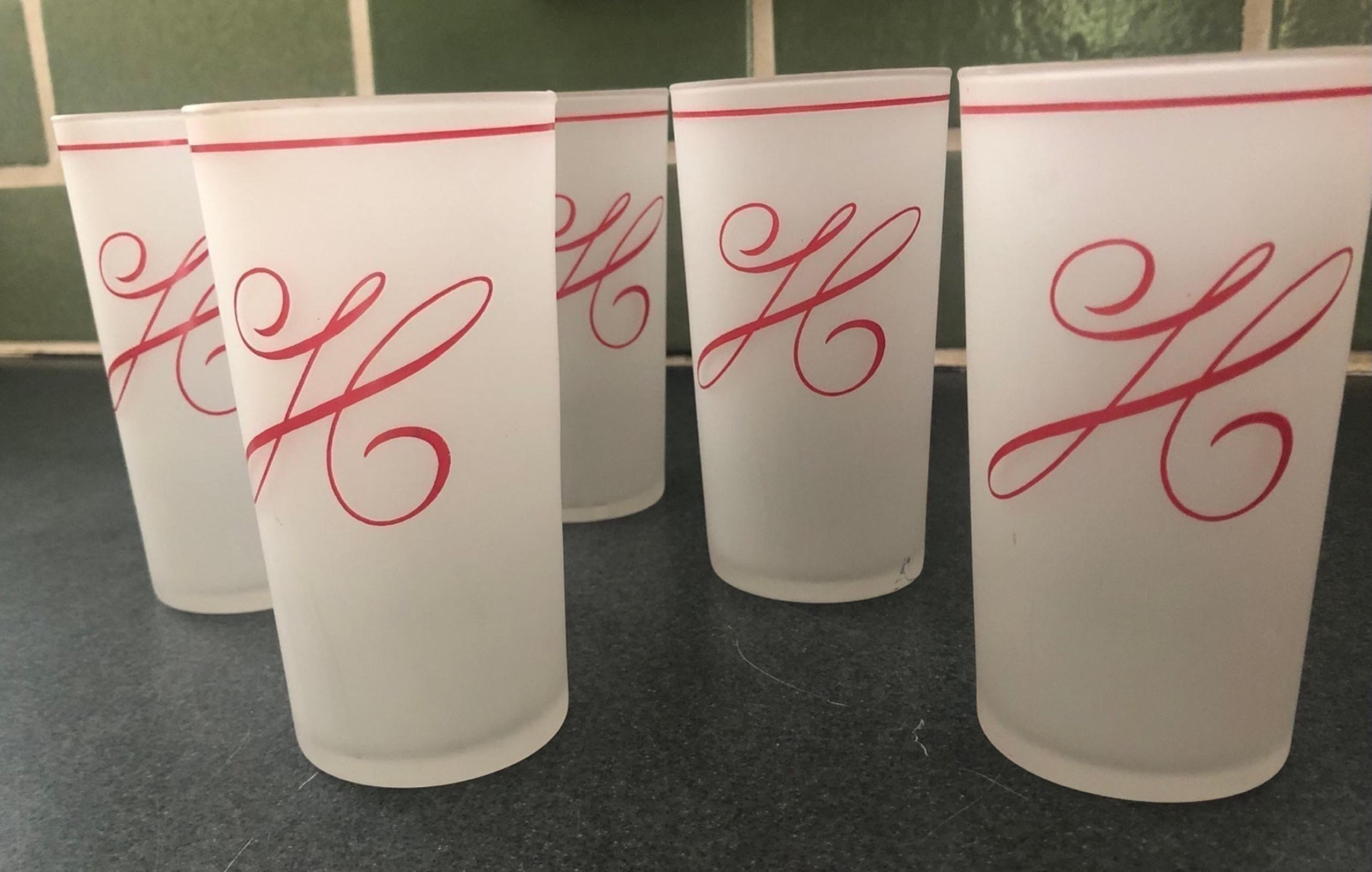 Six 6 Vintage Frosted Federal Satin Drinking Glass Monogram Barware  H Tumblers