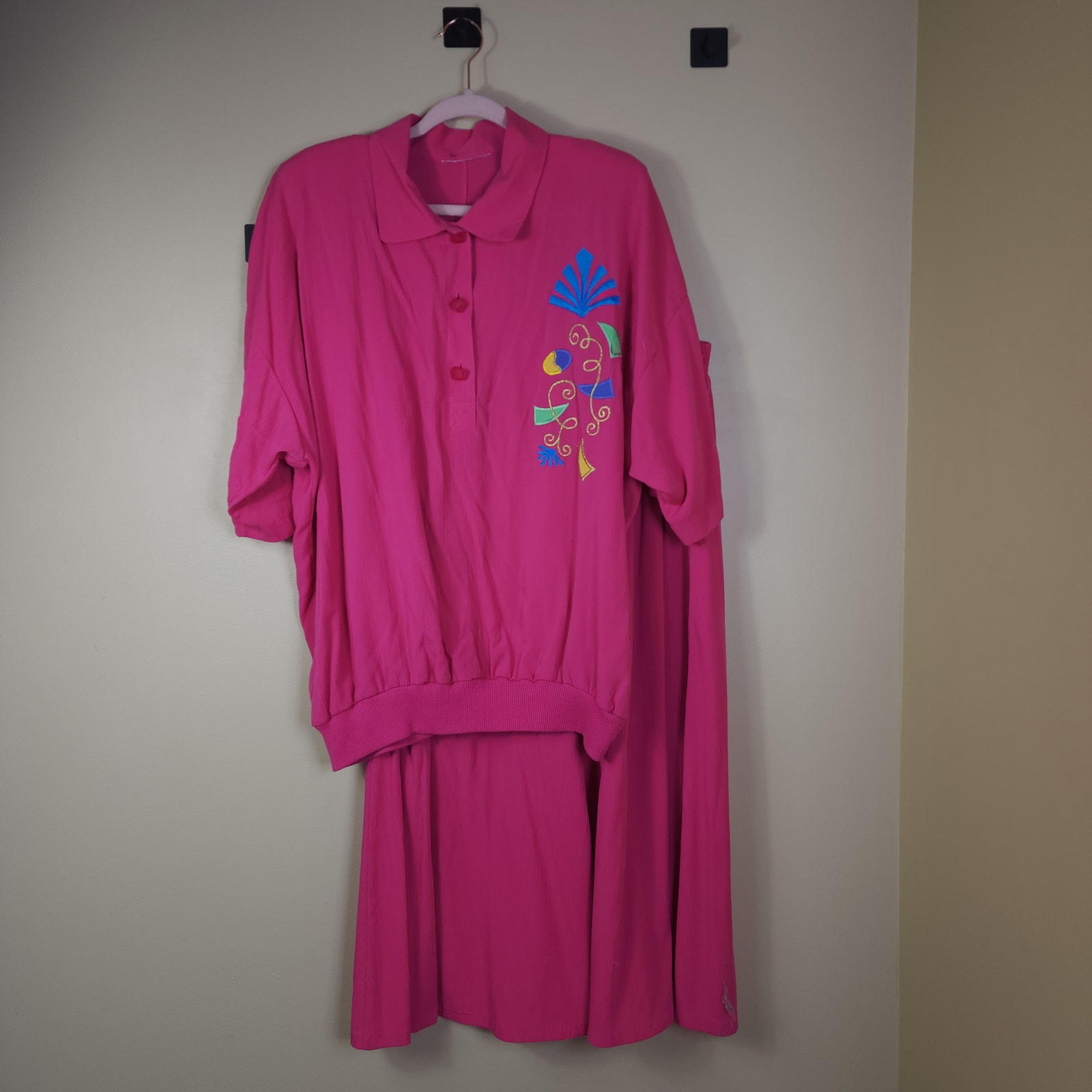 Vintage 90's Peter Popovich 2pc Skirt and Shirt Pink Embroidered Size 3X