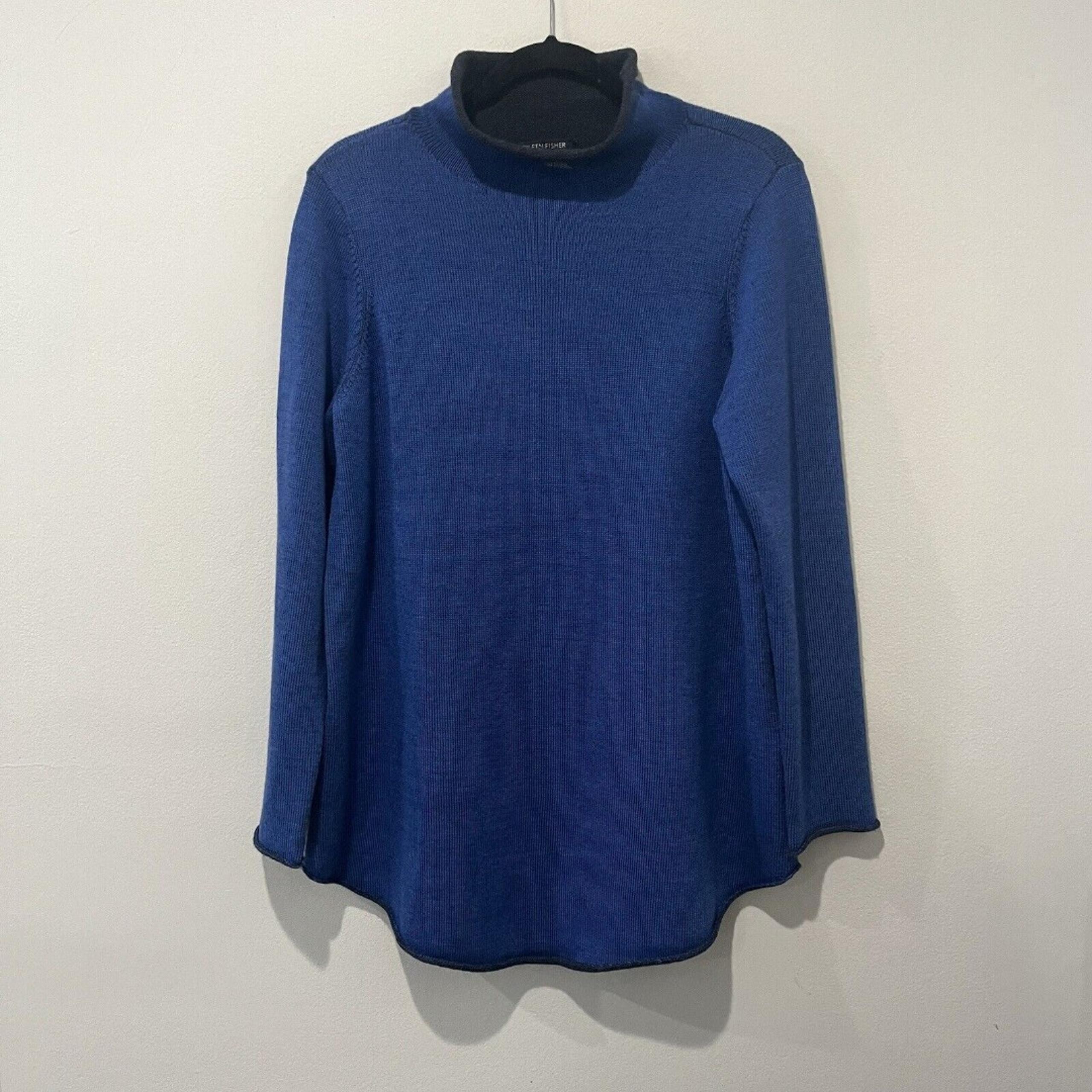 Eileen Fisher Sweater Women’s Medium Navy Blue Knit Merino Wool Mock Pullover