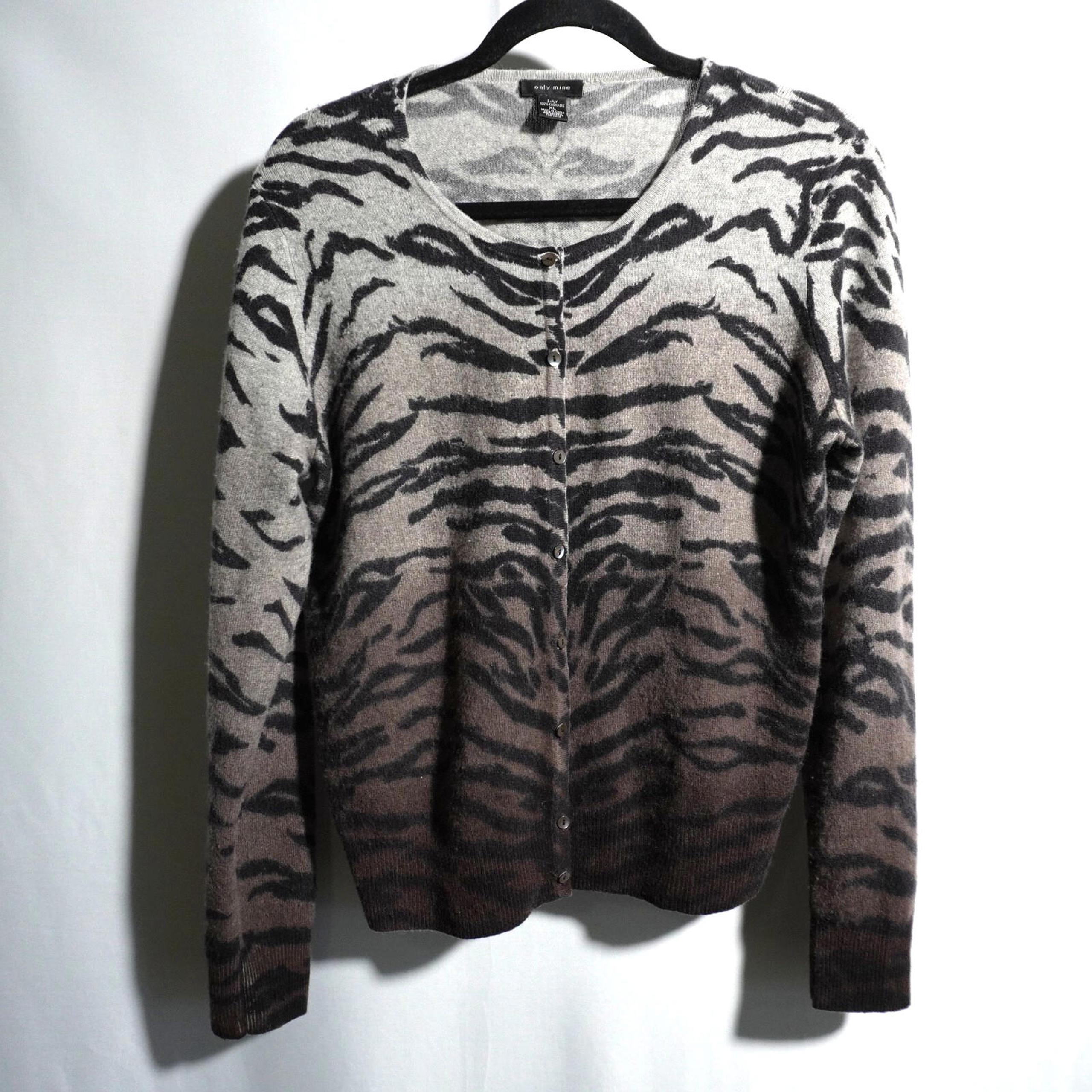 Only Mine Cardigan 100% Cashmere Sweater Tiger Animal Print Ombré 2 Ply XL GUC