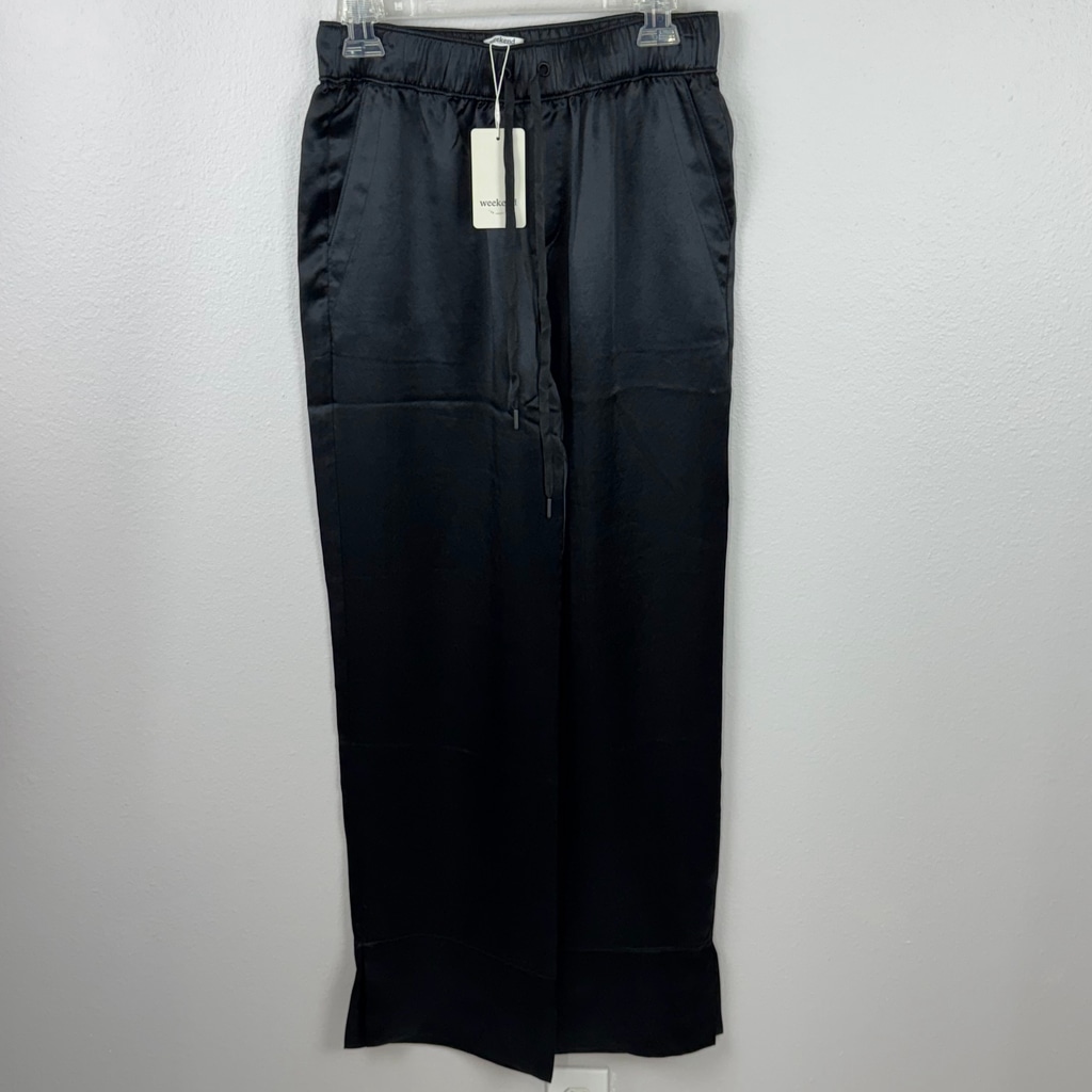 Weekend Womens Small Black Satin Shiny Casual Modern Trouser Wide Leg Pants NWT