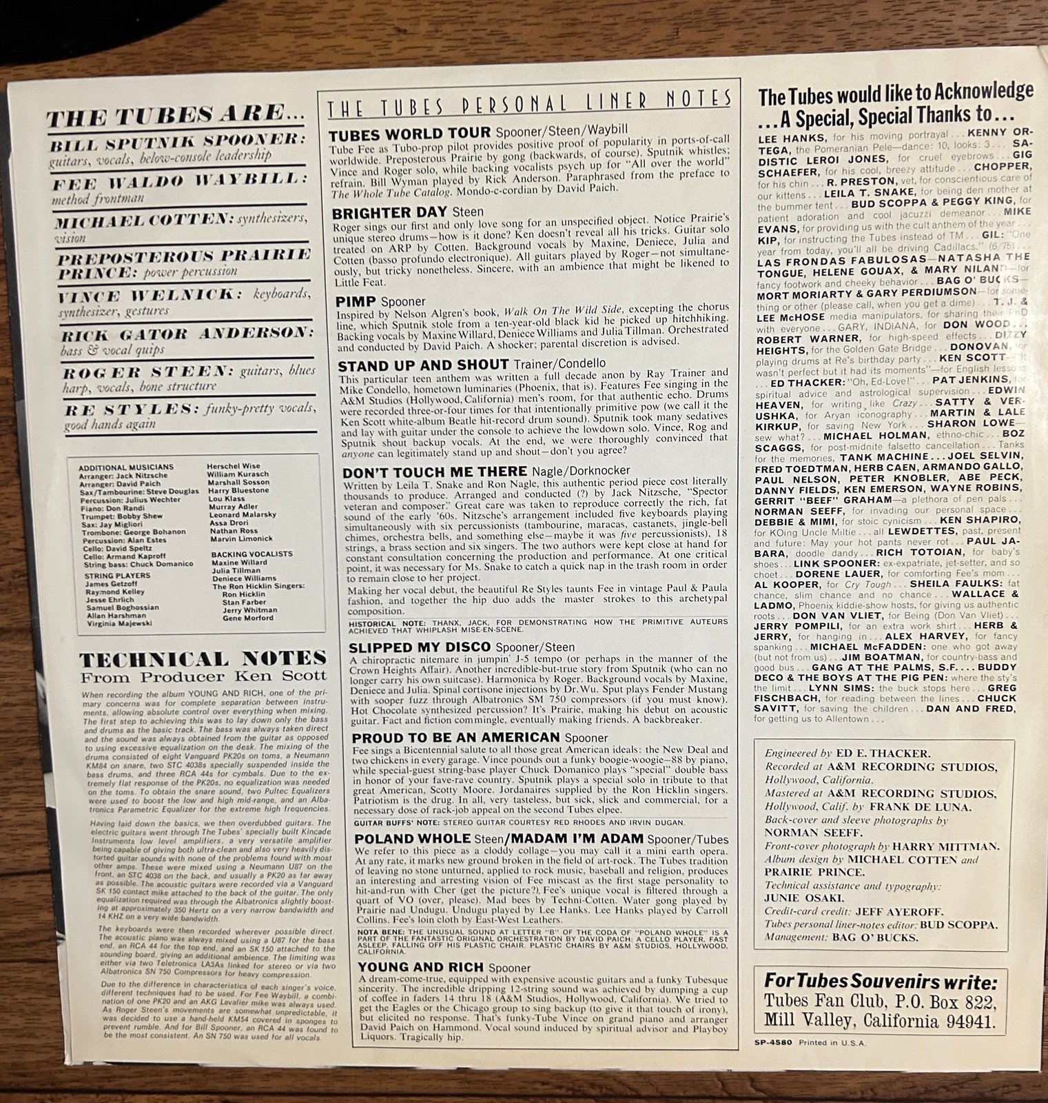 The Tubes~”Young And Rich" Original VINYL LP from 1976 (A&M SP-4580) - detail