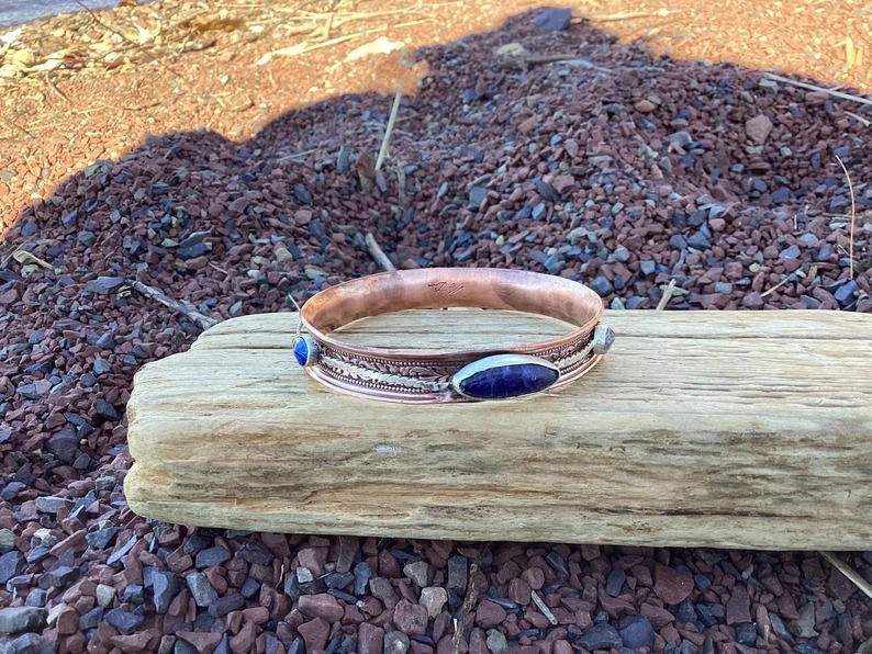 Copper and Sterling Silver, Spinner Bracelet, Lapis Bracelet, Bangle Bracelet, B