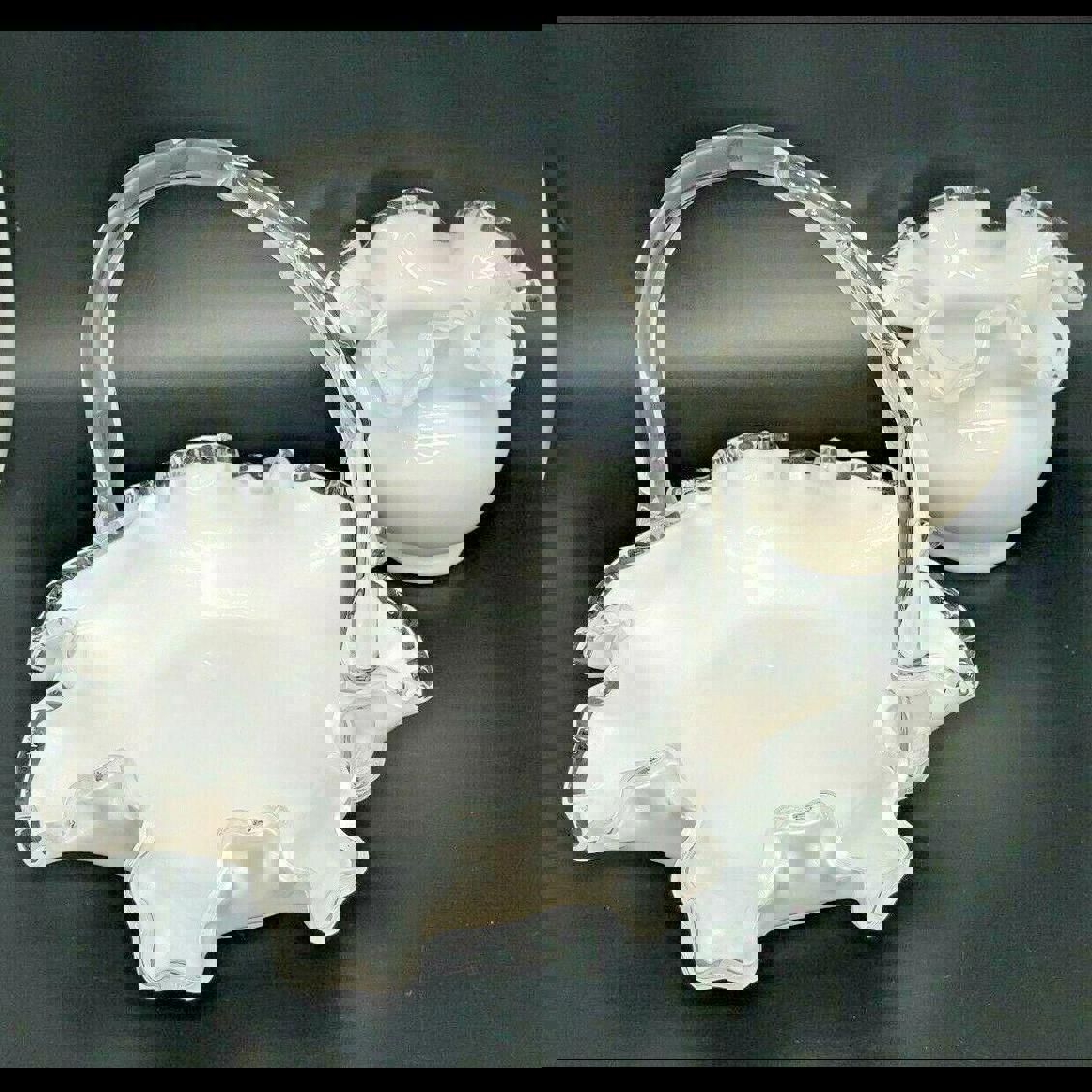 Set Fenton Milk Glass Silver Crested Basket Rose Bowl Crimped Ruffled Edge