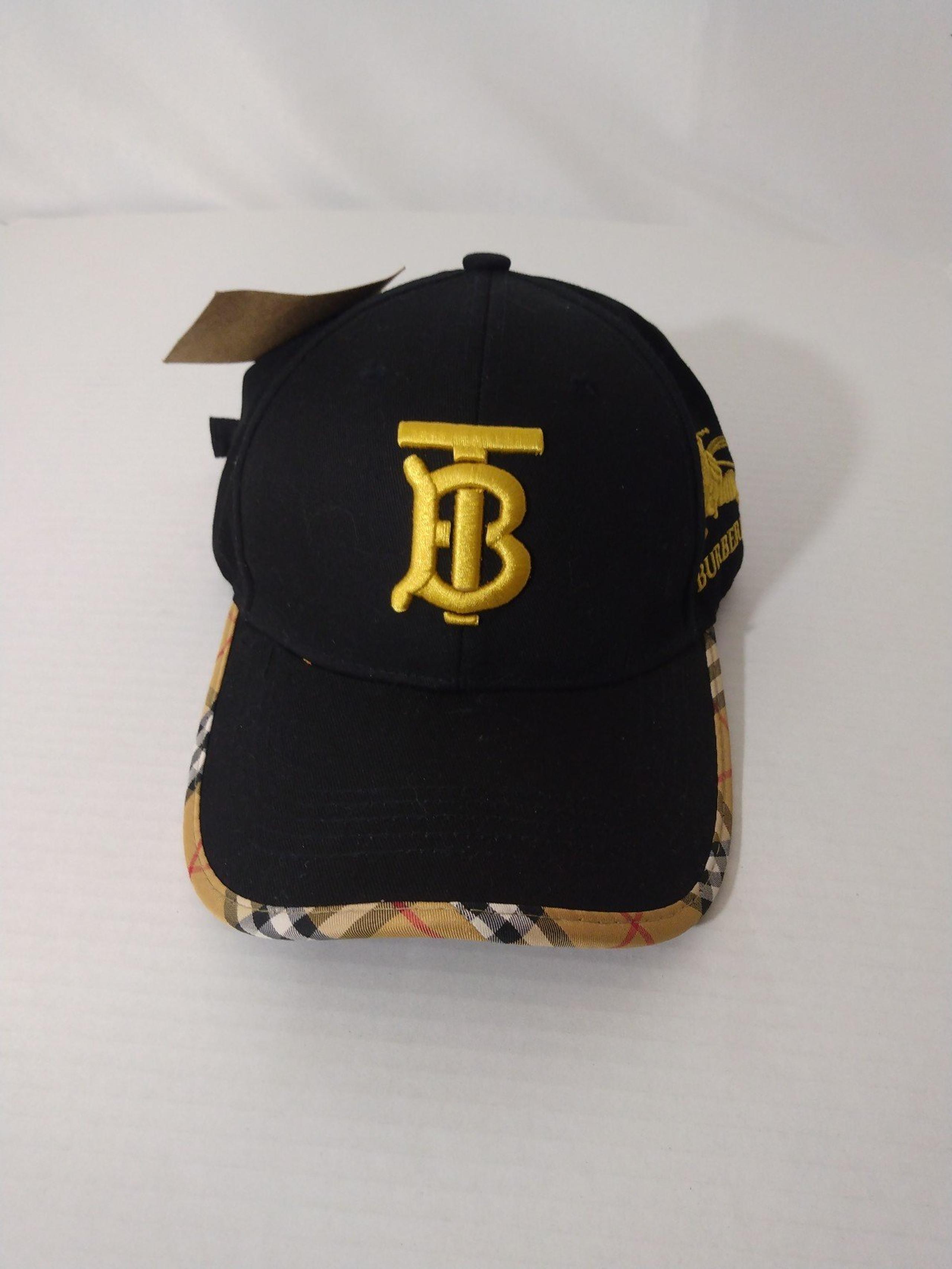 NWT Mens Burberry Black Embroidered Monogram Logo Check Baseball Hat