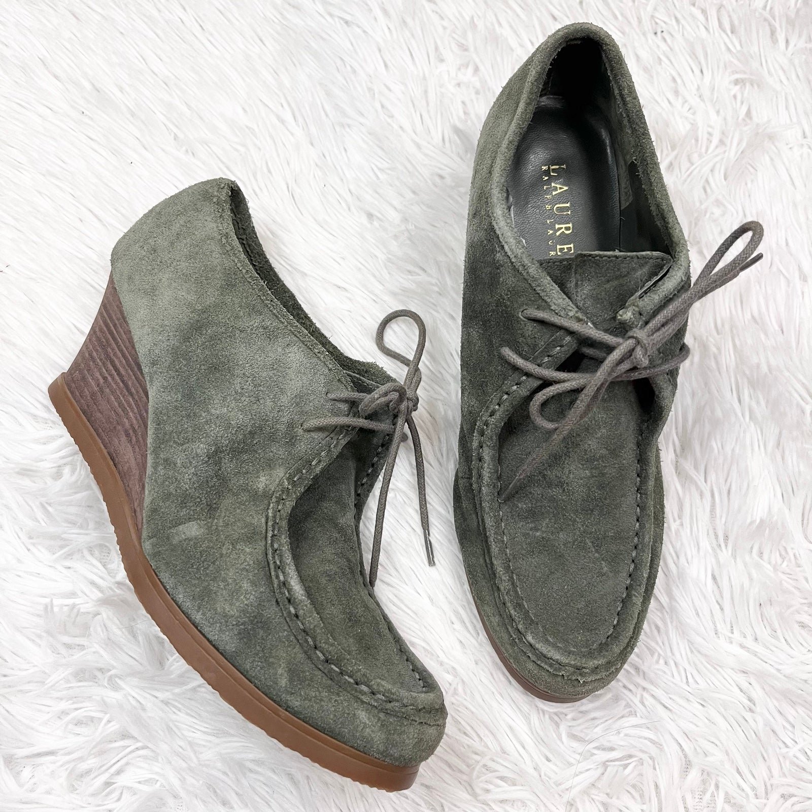 LAUREN RALPH LAUREN Denver Green Suede Leather Oxford Lace Up Wedges 8.5 B NEW