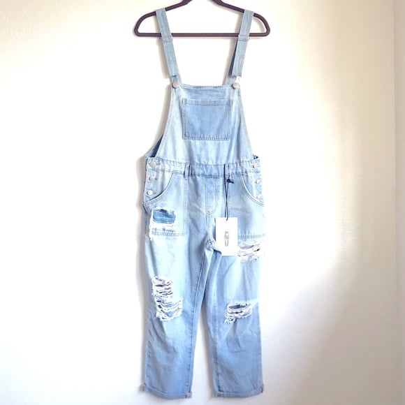 Cotton On Tapered Slim Overall Cropped Light Blue Relaxed Denim Distressed US 4