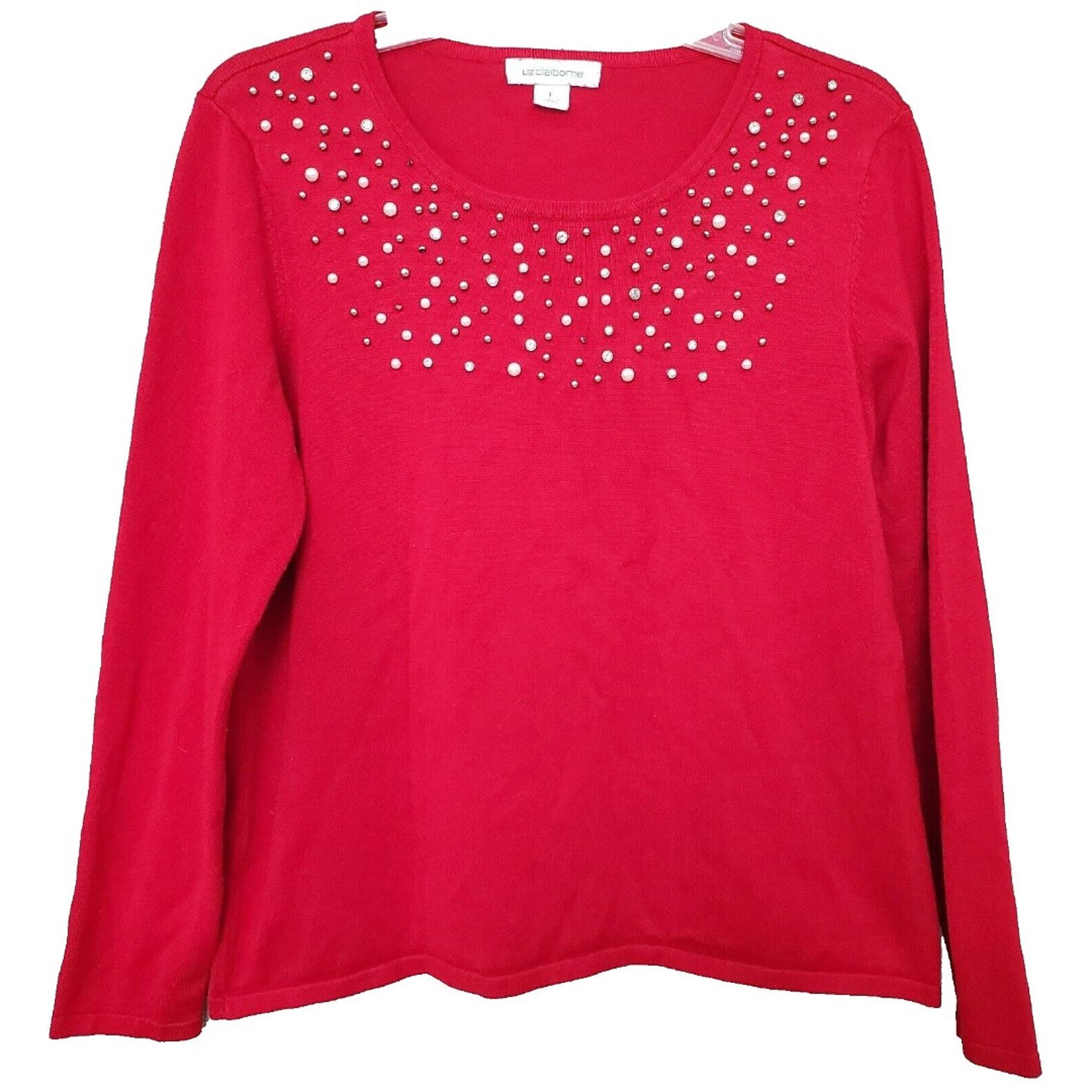 Liz Claiborne Scoop Neck Embellished Studded Red Pullover Sweater Size Large