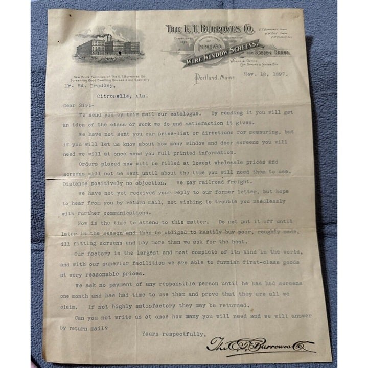 1897 - Letter Head The E T Burrowes Co. Wire Window Screens And Doors Alabama