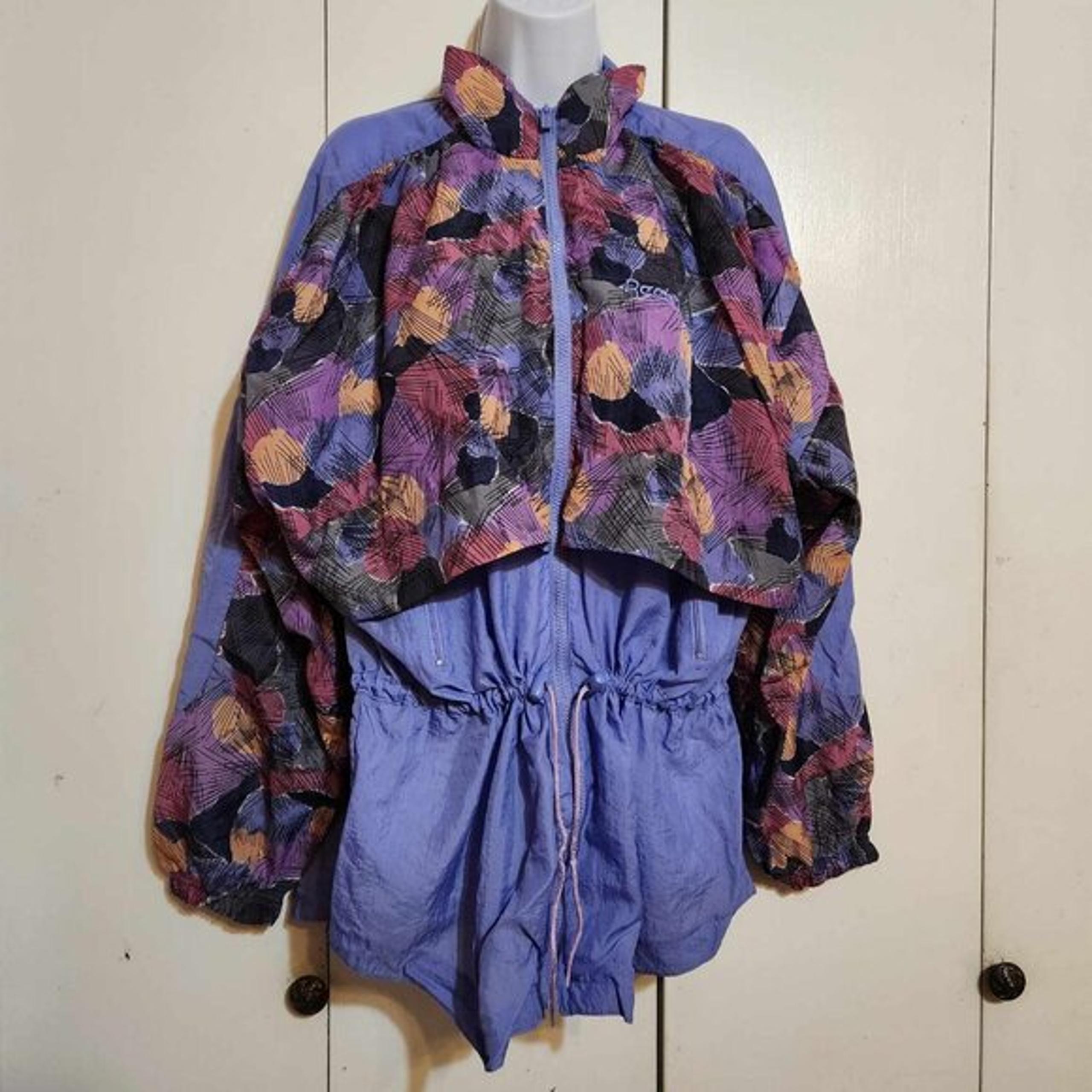 Vtg 90s Women's Large Reebok Purple Geometric Print Full Zip Windbreaker Jacket