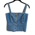 SKYLAR MADISON, MEDIUM WASH, STRETCHY DENIM, FRAYED BOTTOM SUMMER TOP. SIZE M