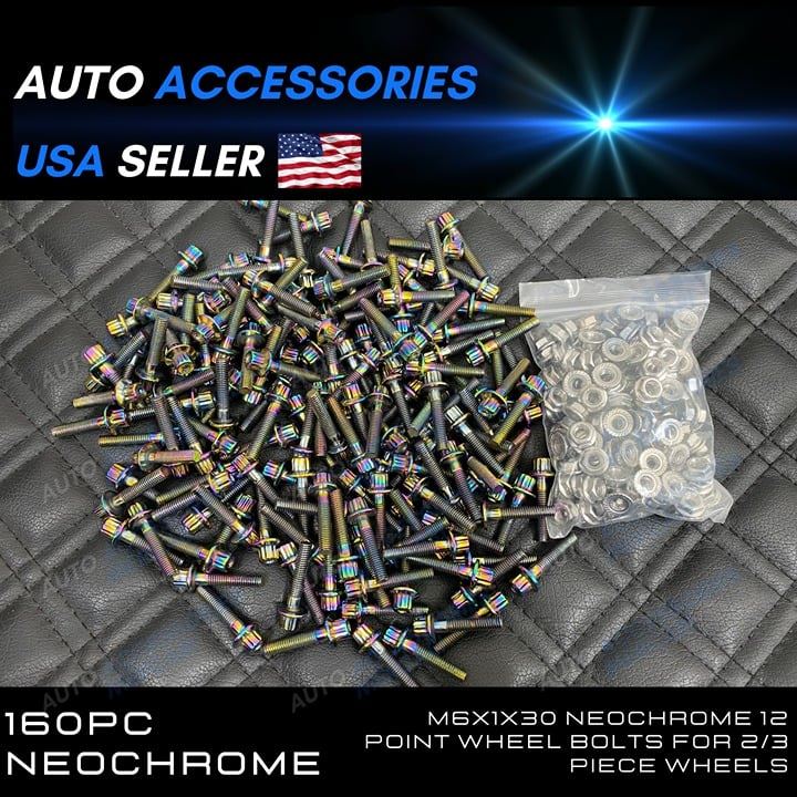 160pcs M6x1x30 NeoChrome 12 Point Wheel Bolts for 2/3 piece wheels