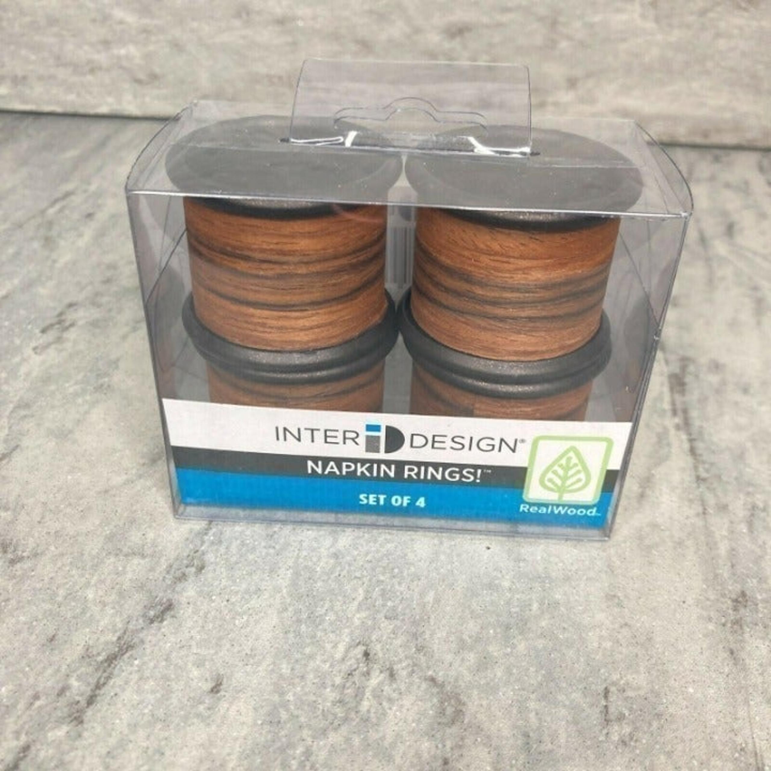 New InterDesign iDesign Brown Black Real Wood Woodgrain Napkin Rings Set of 4