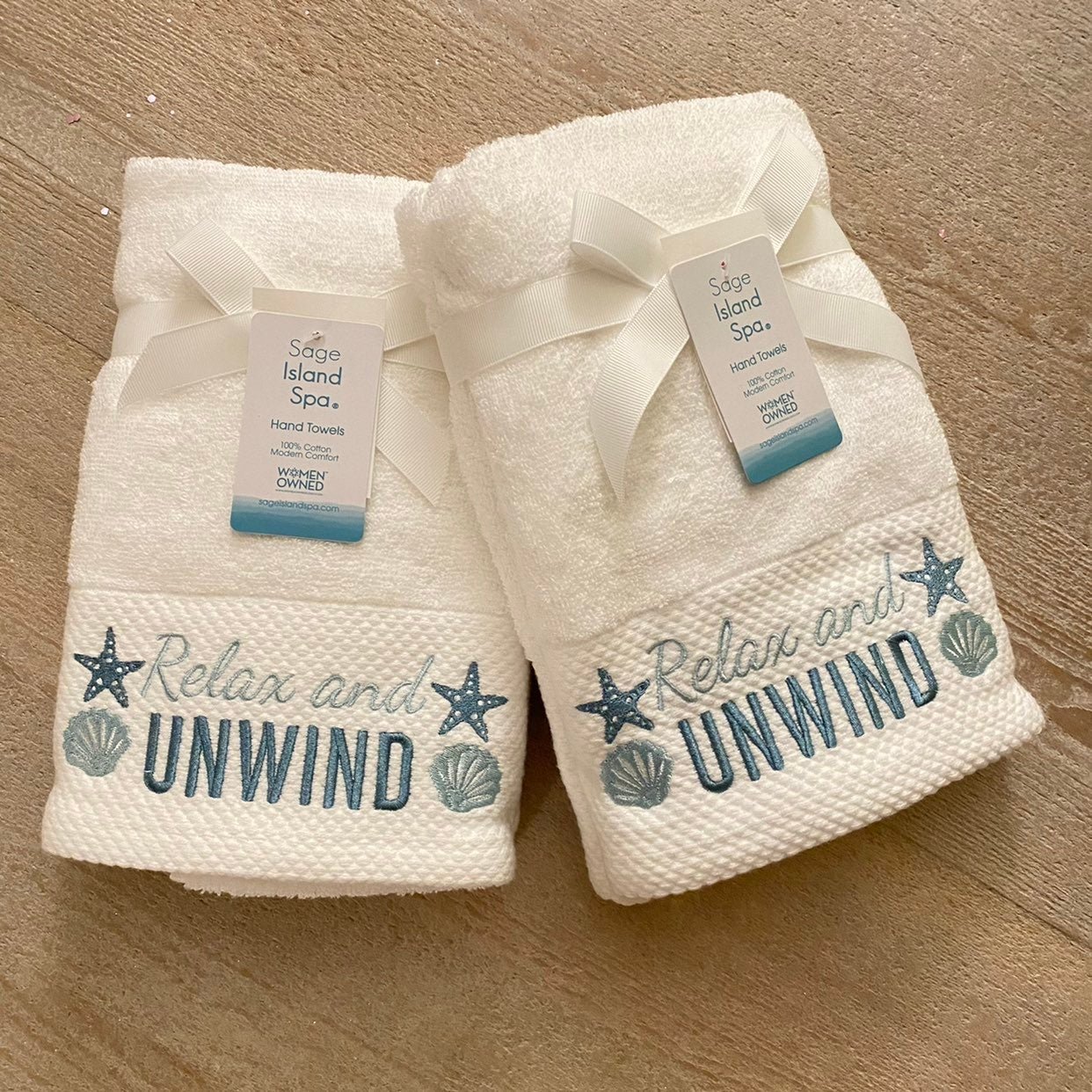 Relax and Unwind Embroidered Beach Decor Hand Towels - (2) Sets - NWT