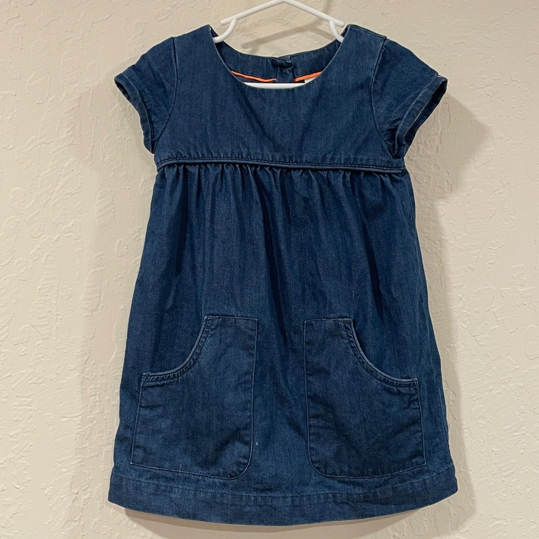 ~ Mini Boden 2-3 yr Girl's Denim Dress Cotton Pockets Pleated Short Sleeves Blue