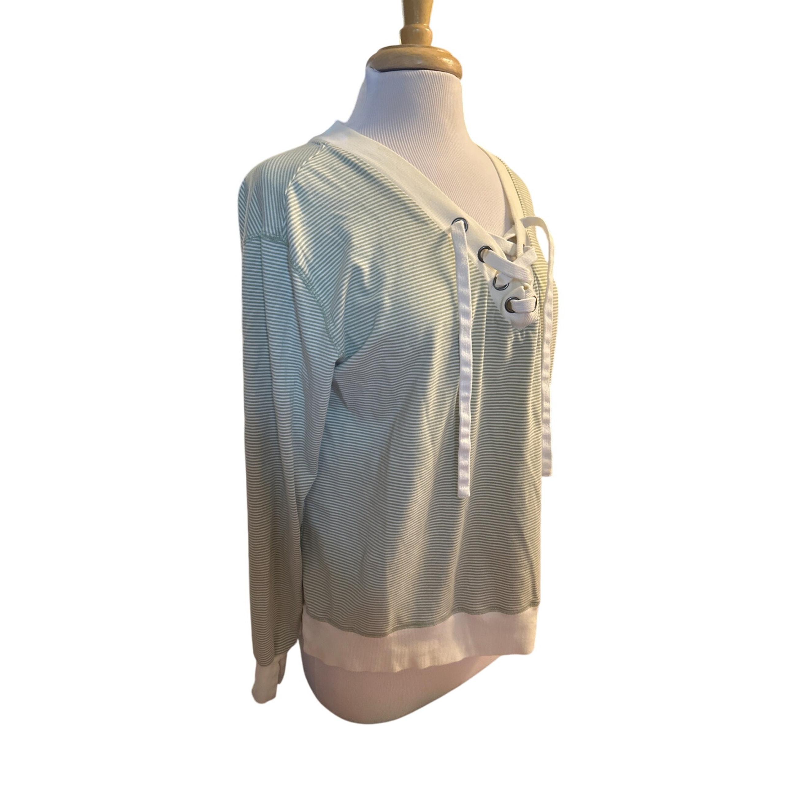 Women S Peace Love World Lace-Up Green Stripe Sweatshirt Top Long Slv Pullover