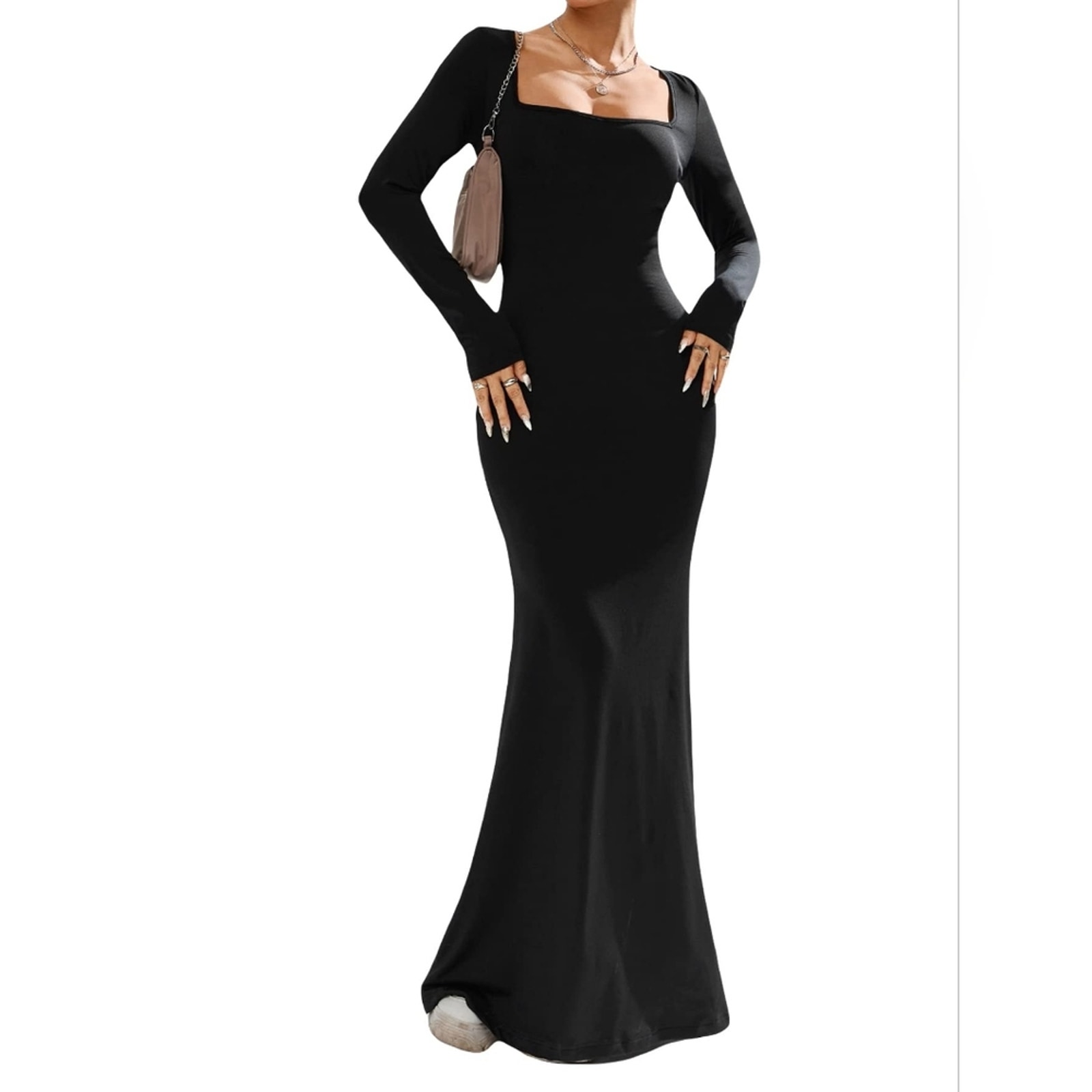 New Black Square Neck Maxi Dress Fishtail Bodycon Sexy Dress Size L