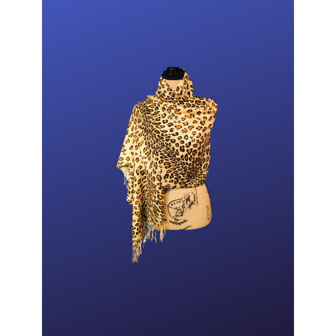 UNBRANDED Shawl Wrap w/3.5” Fringe, GOLD/BLACK/BEIGE LEOPARD, Pre-owned, EUC