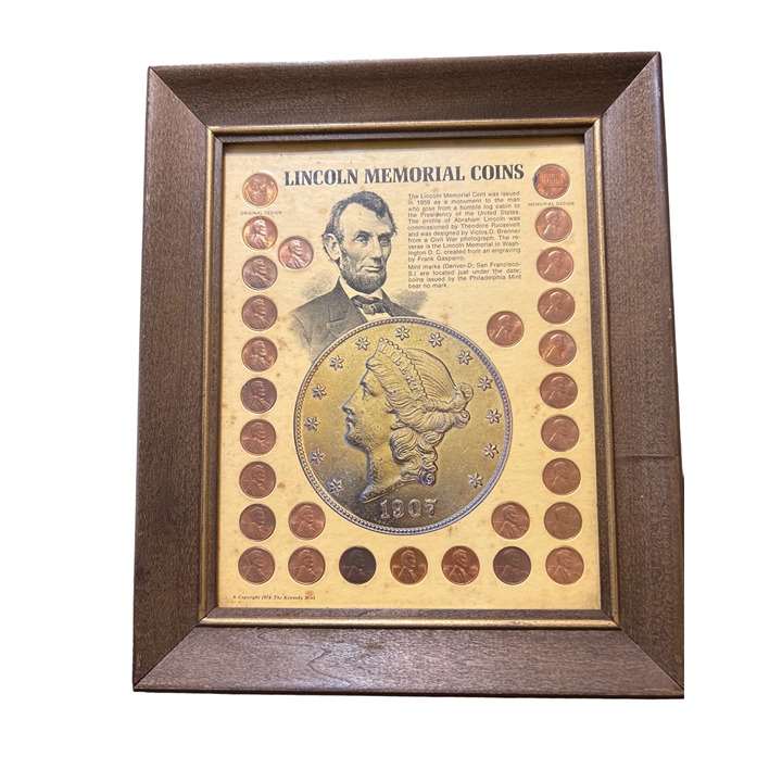 Vintage 1974 Framed Lincoln Memorial Coins Set In Wood Frame Kennedy Mint