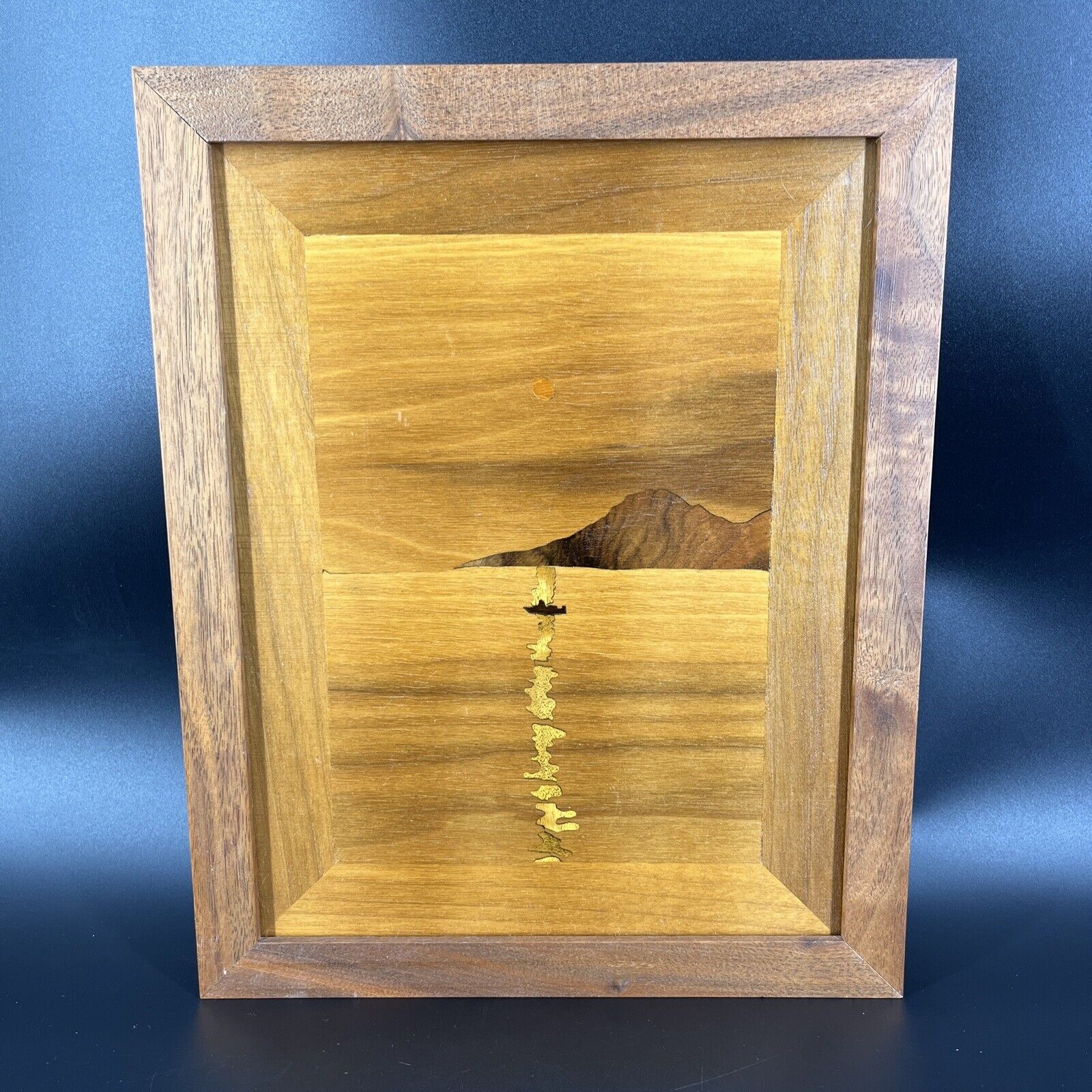 Handmade Inlaid Wood Marquetry Wall Art Ocean Mountains Moon Sun Reflection