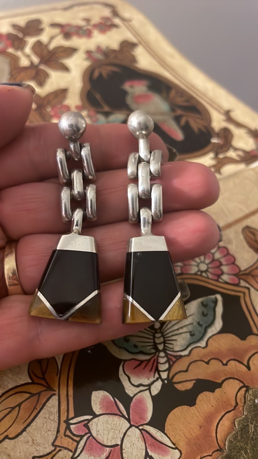 Pretty Black onyx tigers eye Sterling 26 gms silver earrings on hold temporarily