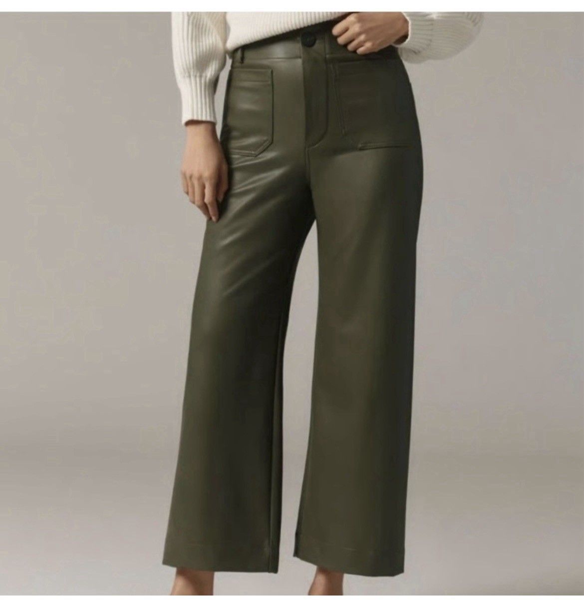 The Colette Faux-Leather Crop Wide-Leg Pants by Maeve Sz25P Forest Green Anthro