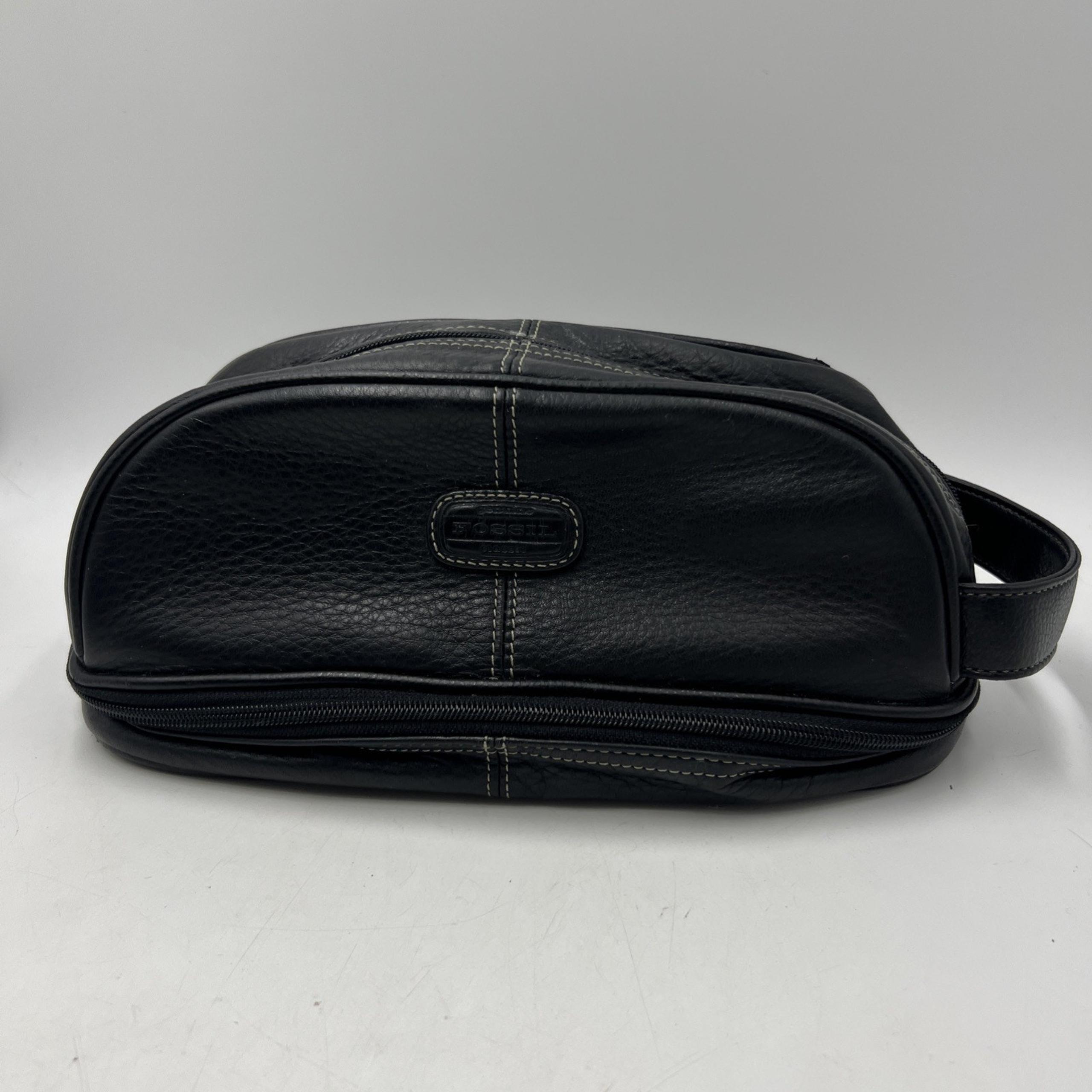 Fossil Leather Travel Men’s Toiletry Bag Black Pebbled Multi Zip Compartments