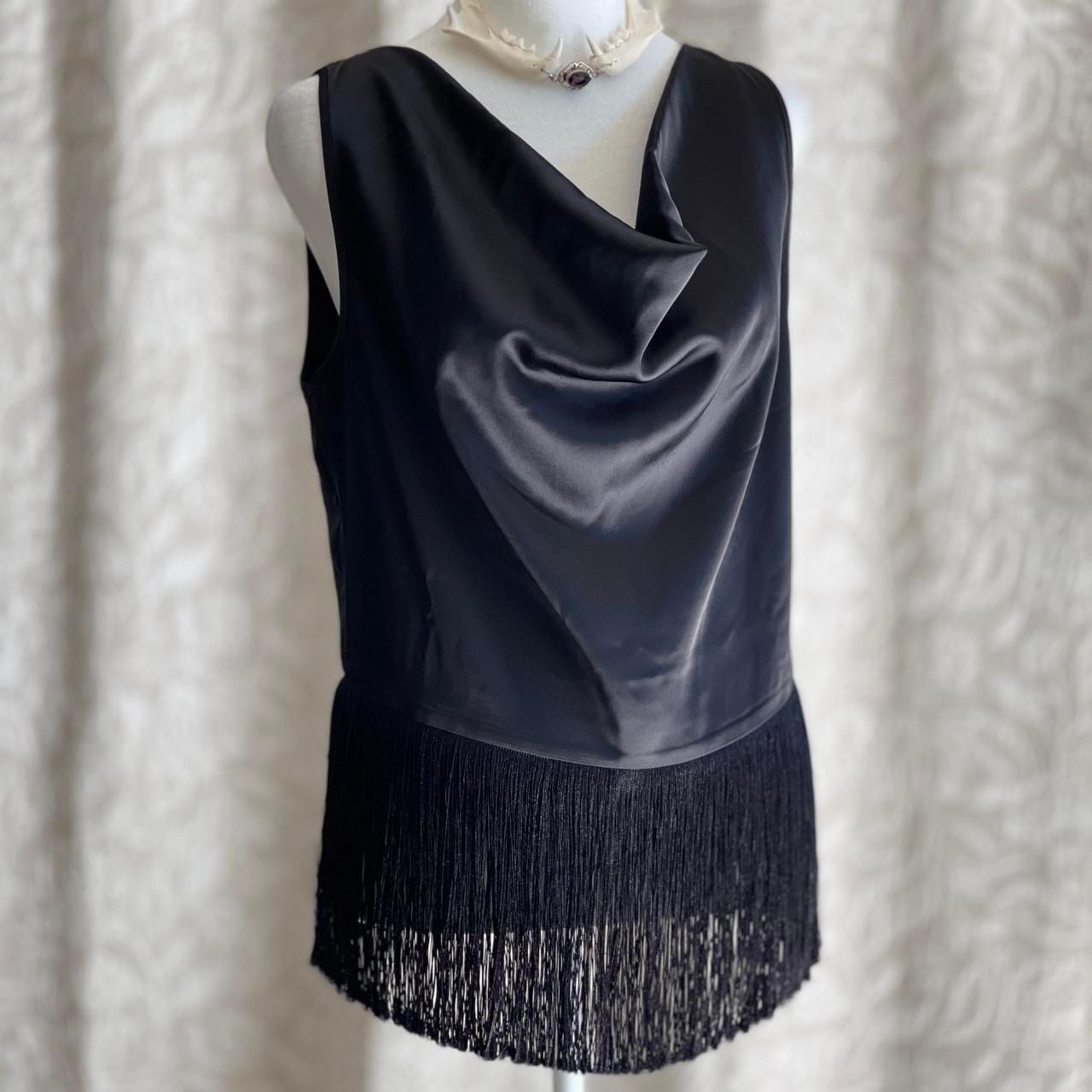 NWT Rachel Zoe Black Satin Cowl Neck Fringe Hem Sleeveless Blouse Black Size S
