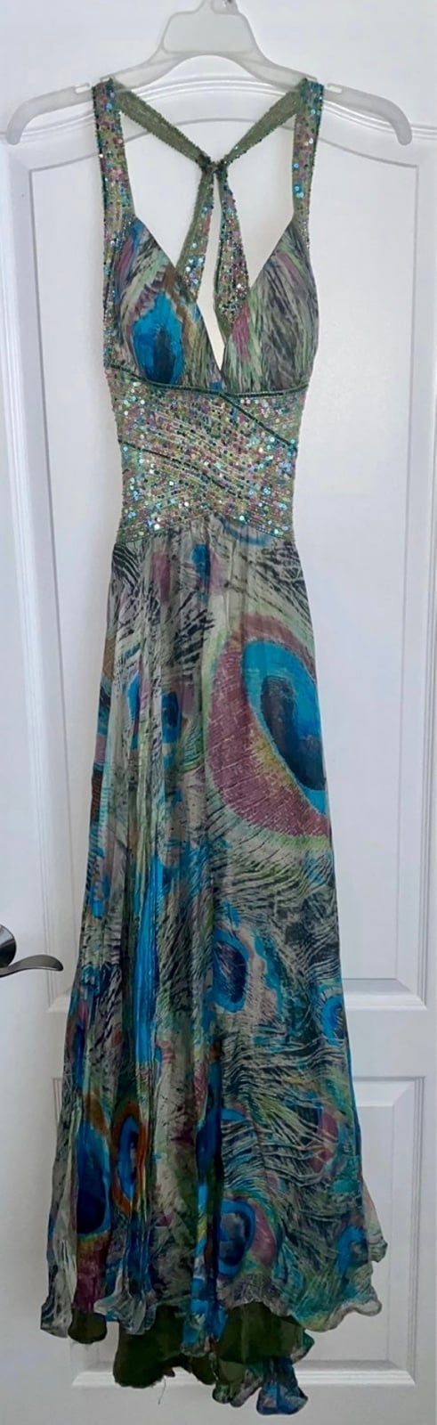 Jovani Peacock Print Formal Dress
