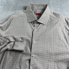 Isaia Napoli Button Up Dress Shirt Mens 17.5/44 Check Cotton Made In Italy