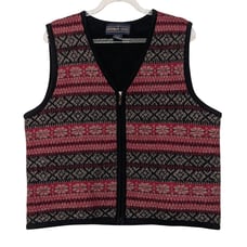 Herman Geist Fair Isle Vest Womens Size Large Black Red Wool Vintage Sleeveless