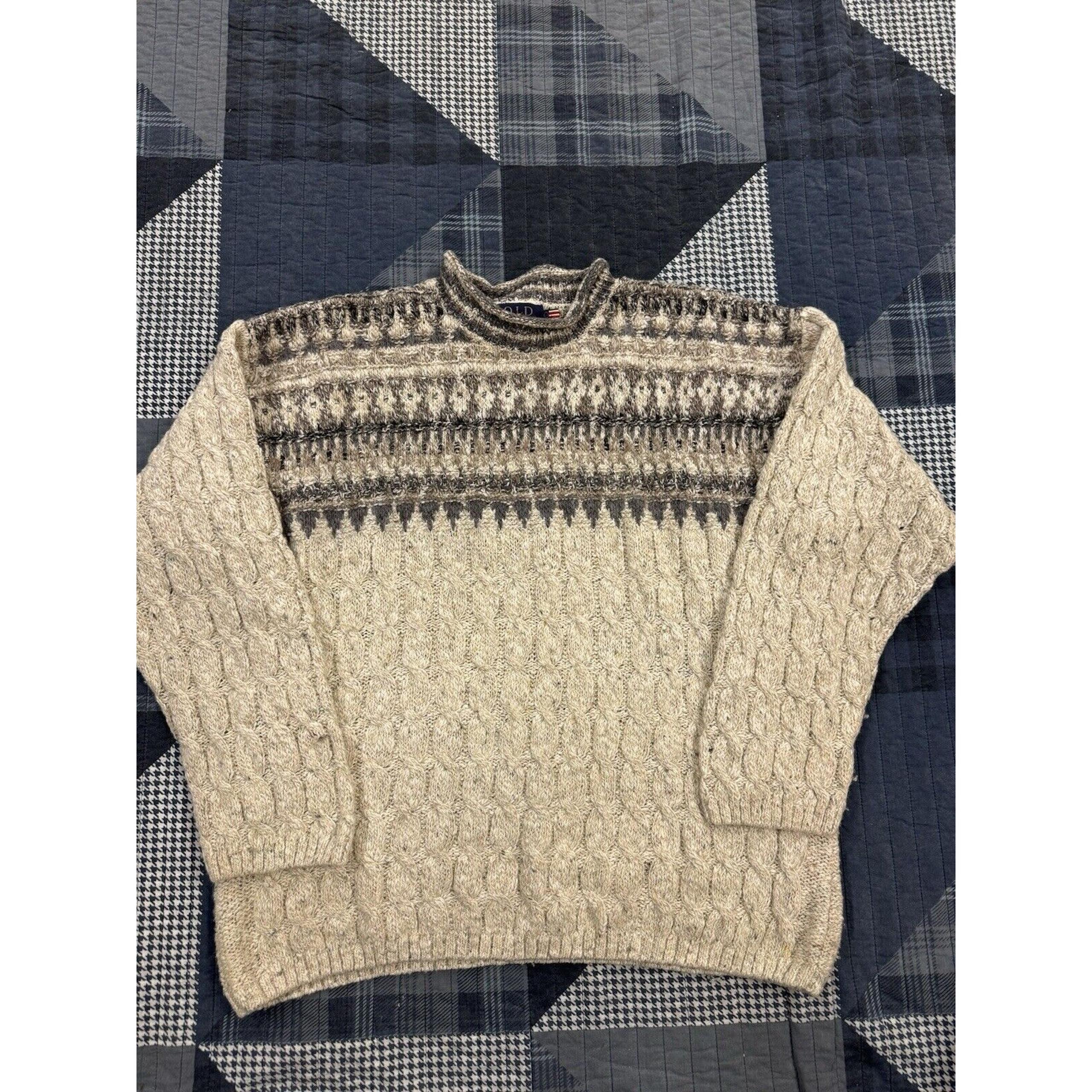 Vintage 90s Aztec Old Glory Sweater Chunky Cable Knit Wool Made in USA Mens L