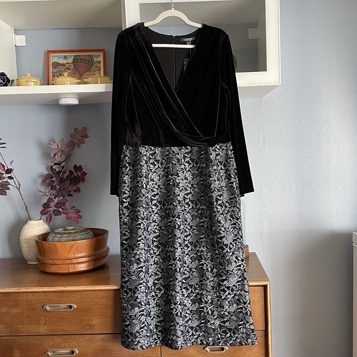 Lauren Ralph Lauren Sharlene Velvet Lace Cocktail Midi Dress Black/Grey