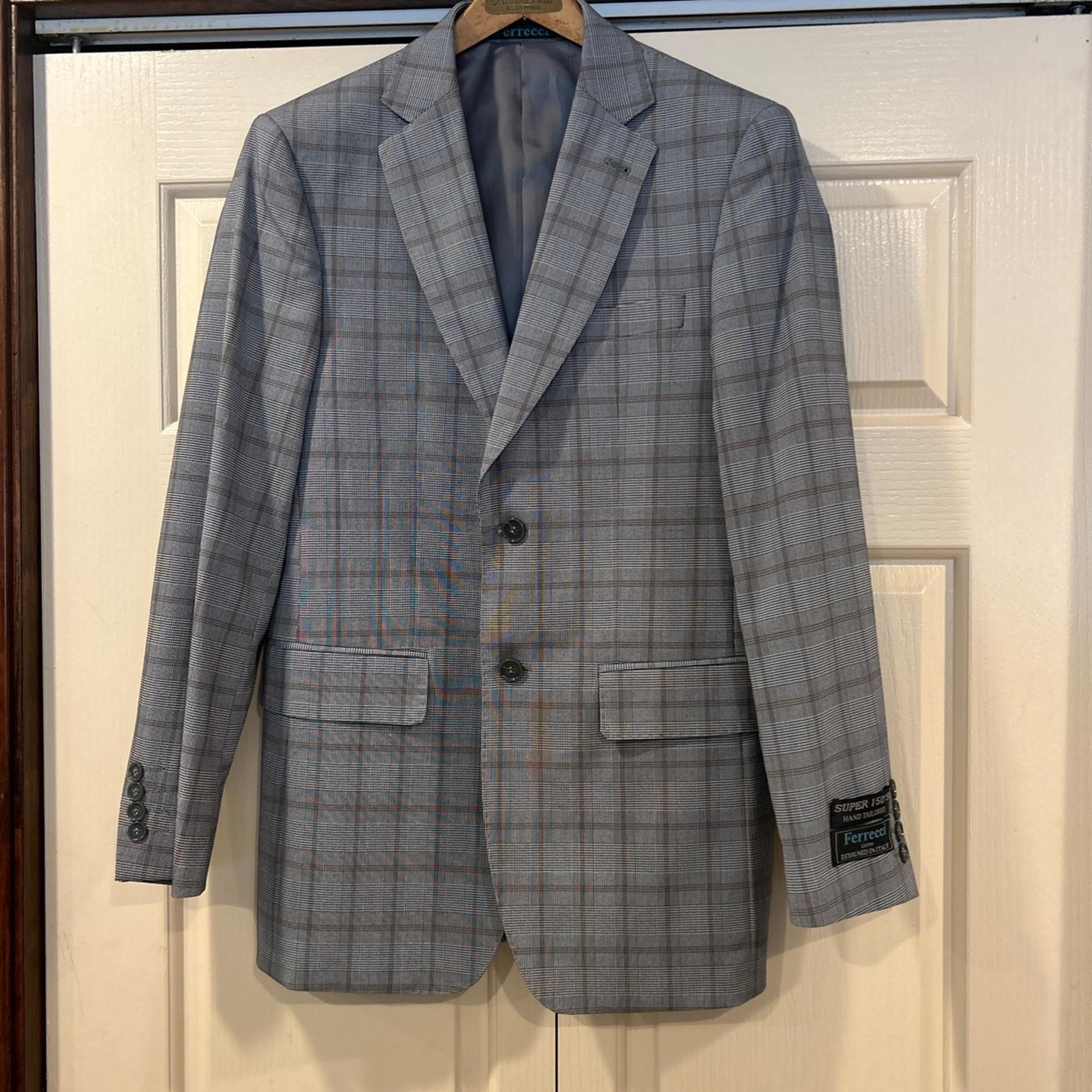 NWT • Ferrecci Uomo Suit Jacket Blazer Blue Plaid Italy Sz 34R • Super 150s