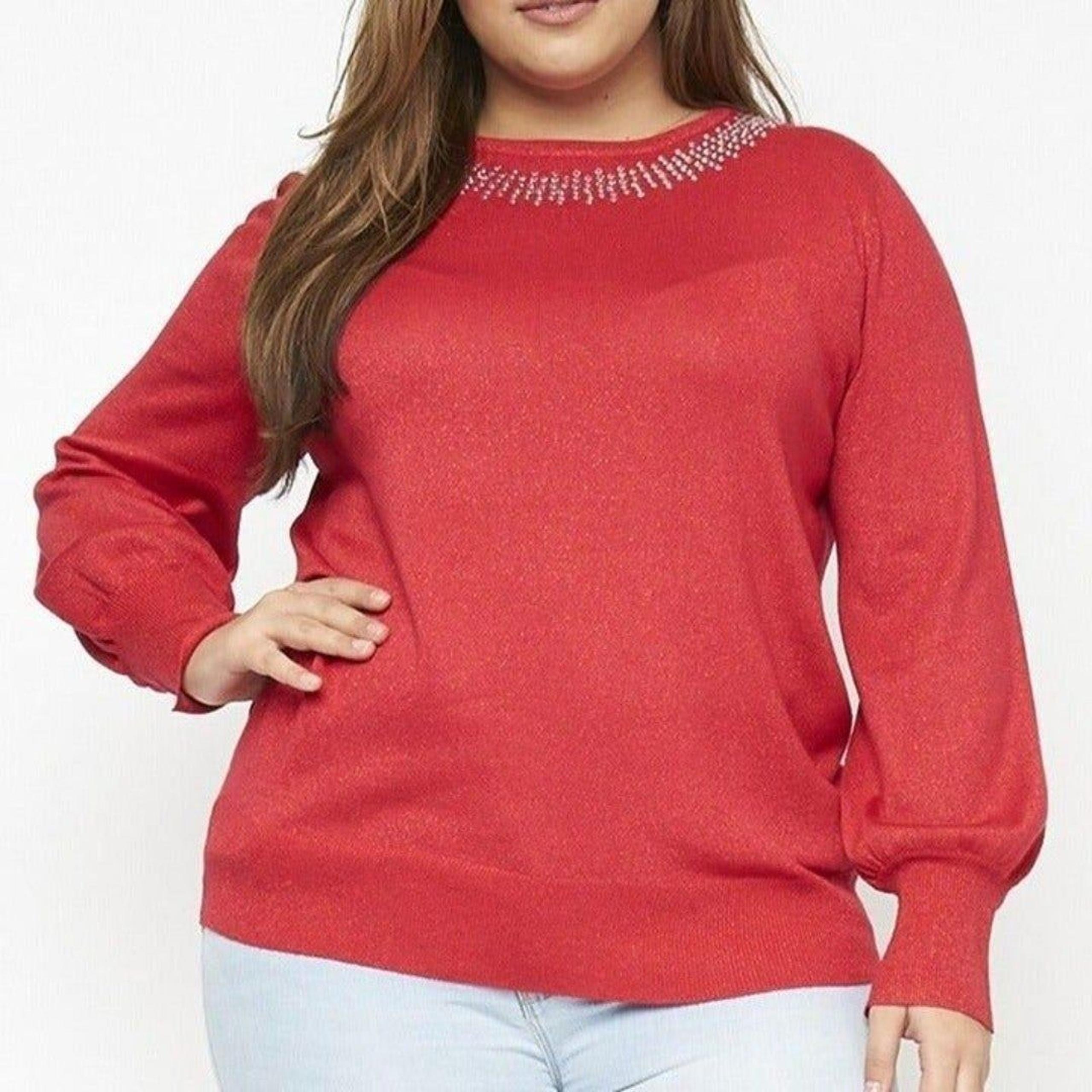 3XL - Sparkle Red Balloon Sleeve Sweater Top w/ Rhinestone Accents