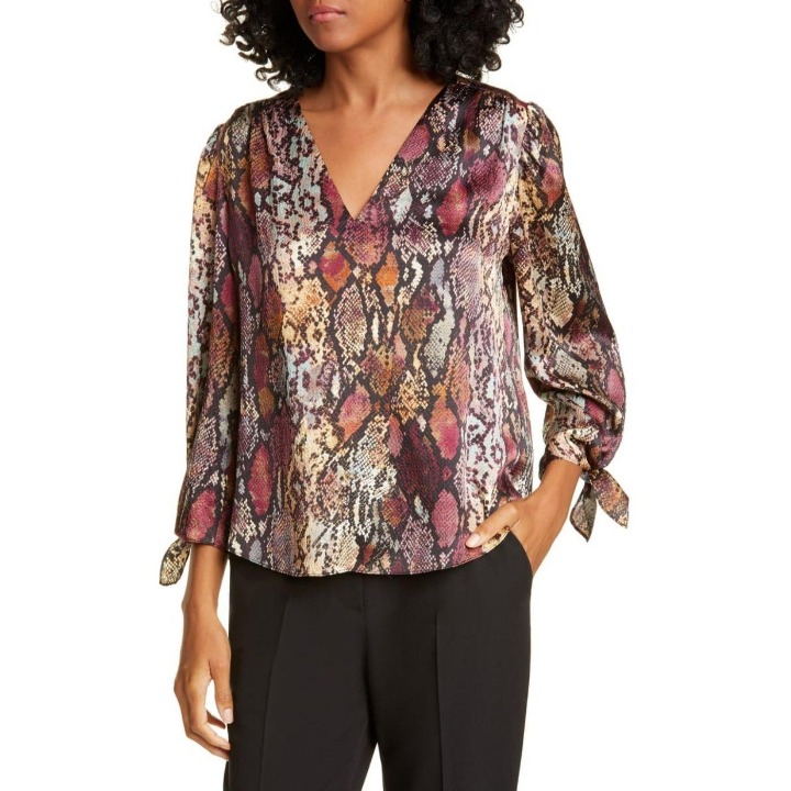 NEW Rebecca Taylor Multi Combo Silk Snakeskin Print Tie Cuff Top Size 2