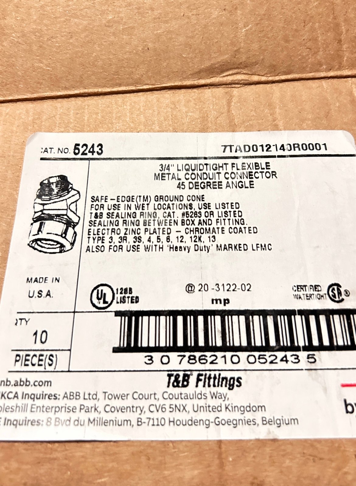 Box of Ten 3/4” Liquidtight Flexible Metal Conduit Connectors 45 Degree Angle