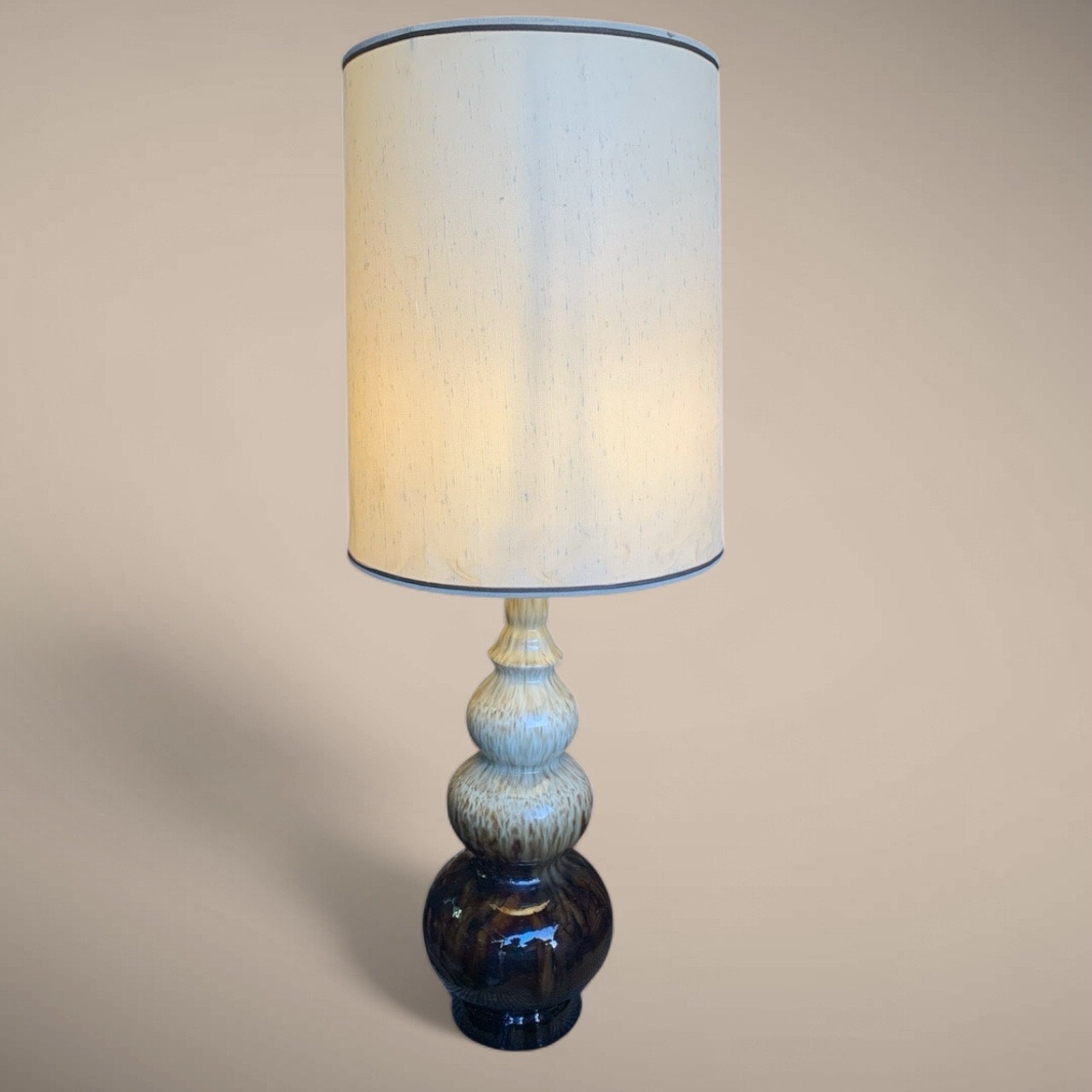 Mid Century Modern Drip Glaze Triple Gourd Table Lamp- Brown & Tan w drum shade